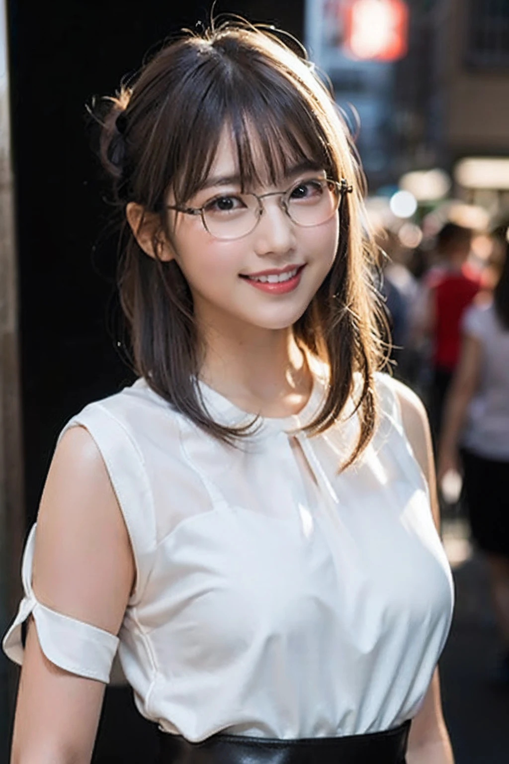 (8K、Raw photography、top-quality、masterpiece:1.2)、(realisitic、Photorealsitic:1.37)、ultra-detailliert、超A high resolution、女の子1人、see the beholder、beautifull detailed face、A smile、Constriction、(Slim waist) :1.3)、((White blouse clothes))、Beautiful detailed skin、Skin Texture、Floating hair、((Hair bunched into one))、large full breasts、Professional Lighting、In front of the station at noon、((Black square glasses))、Whole human body、Brown hair