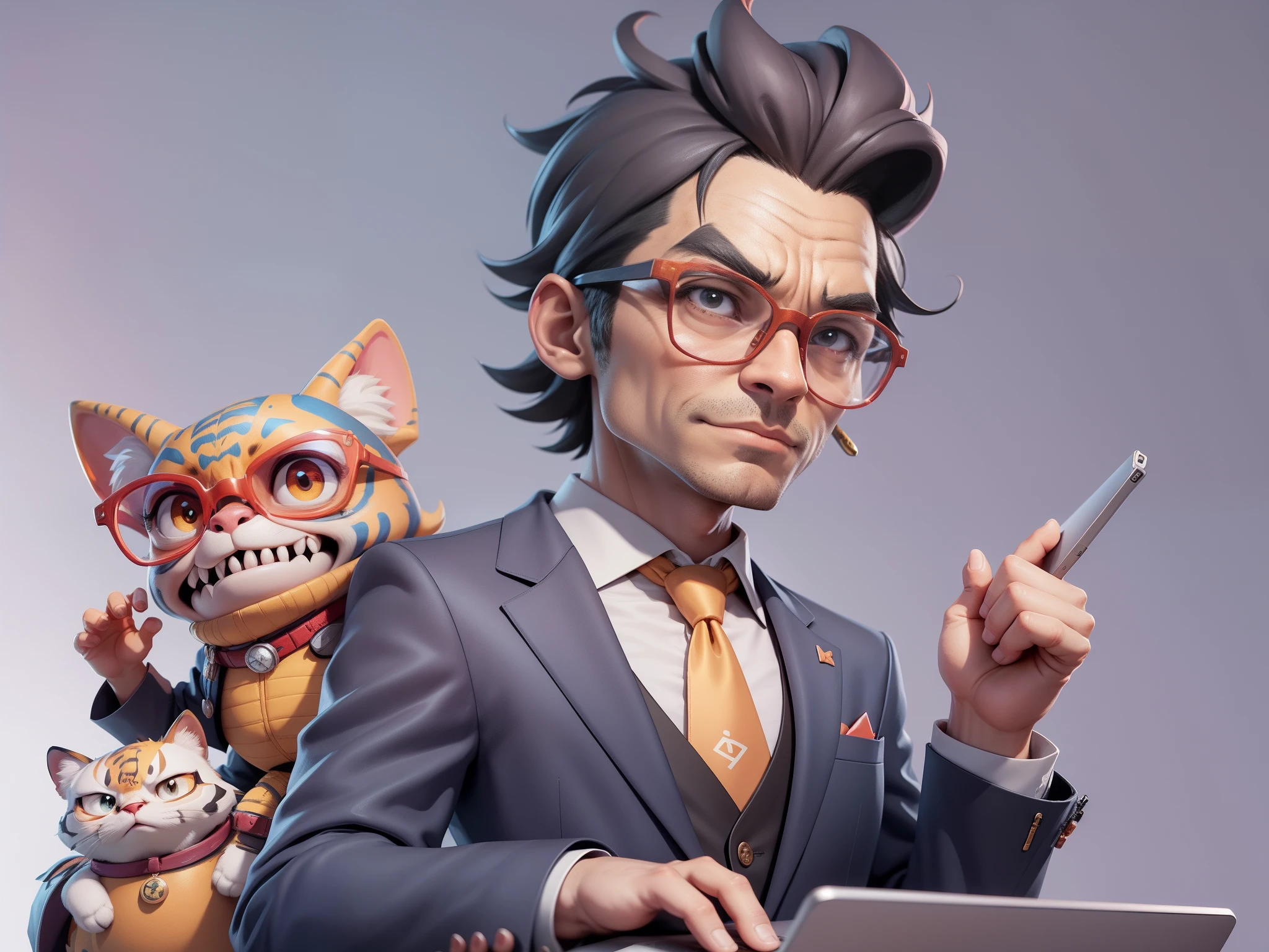 A young man in a suit, Short hair and glasses sat at his desk，holding laptop，digitial painting，tigre，3D character design by Mark Clairen and Pixar and Hayao Miyazaki and Akira Toriyama，4K HD illustration，Very detailed facial features and cartoon-style visuals。
