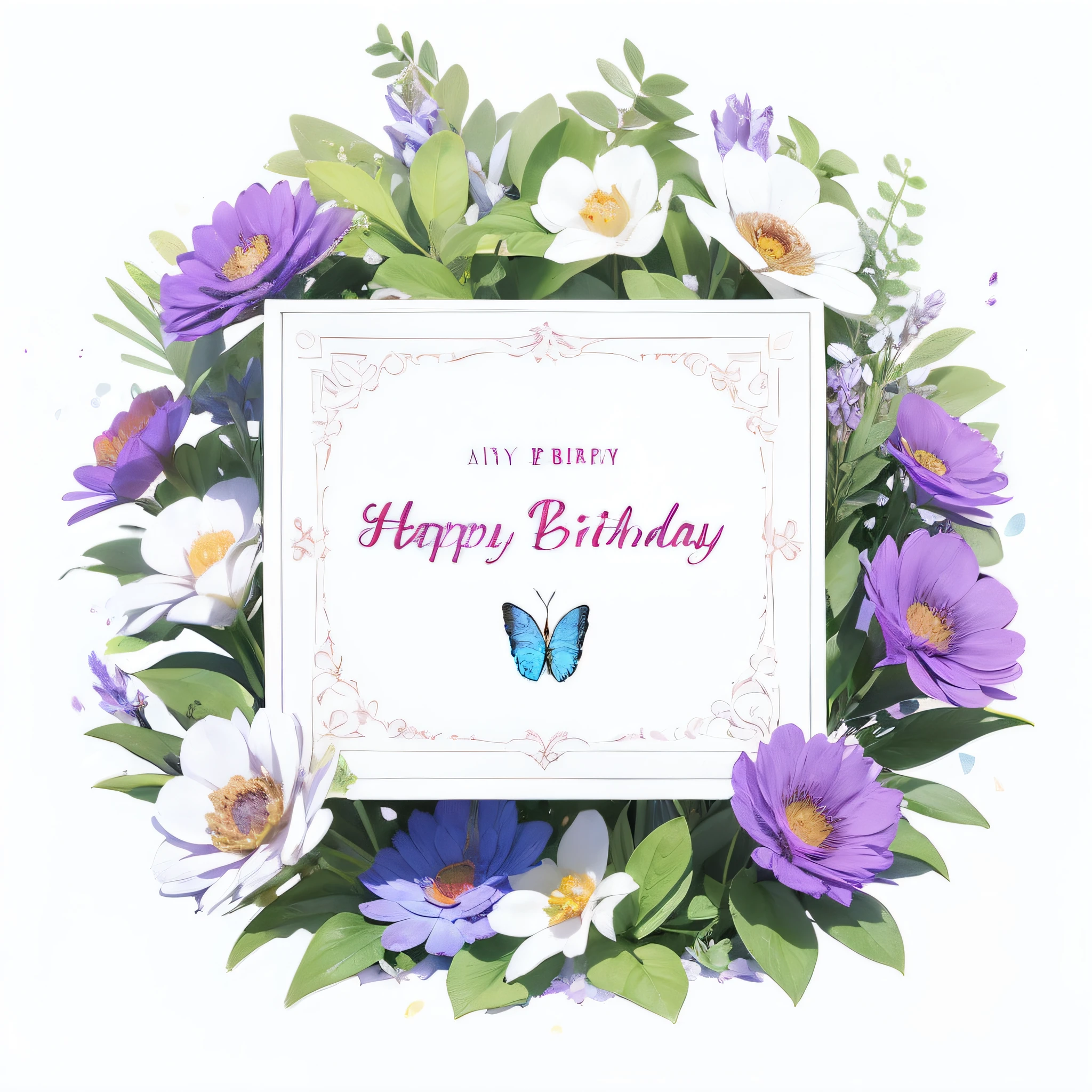Make a template for Birthday greeting card design , , white background, lavender, realistic, minimal design, butterfly