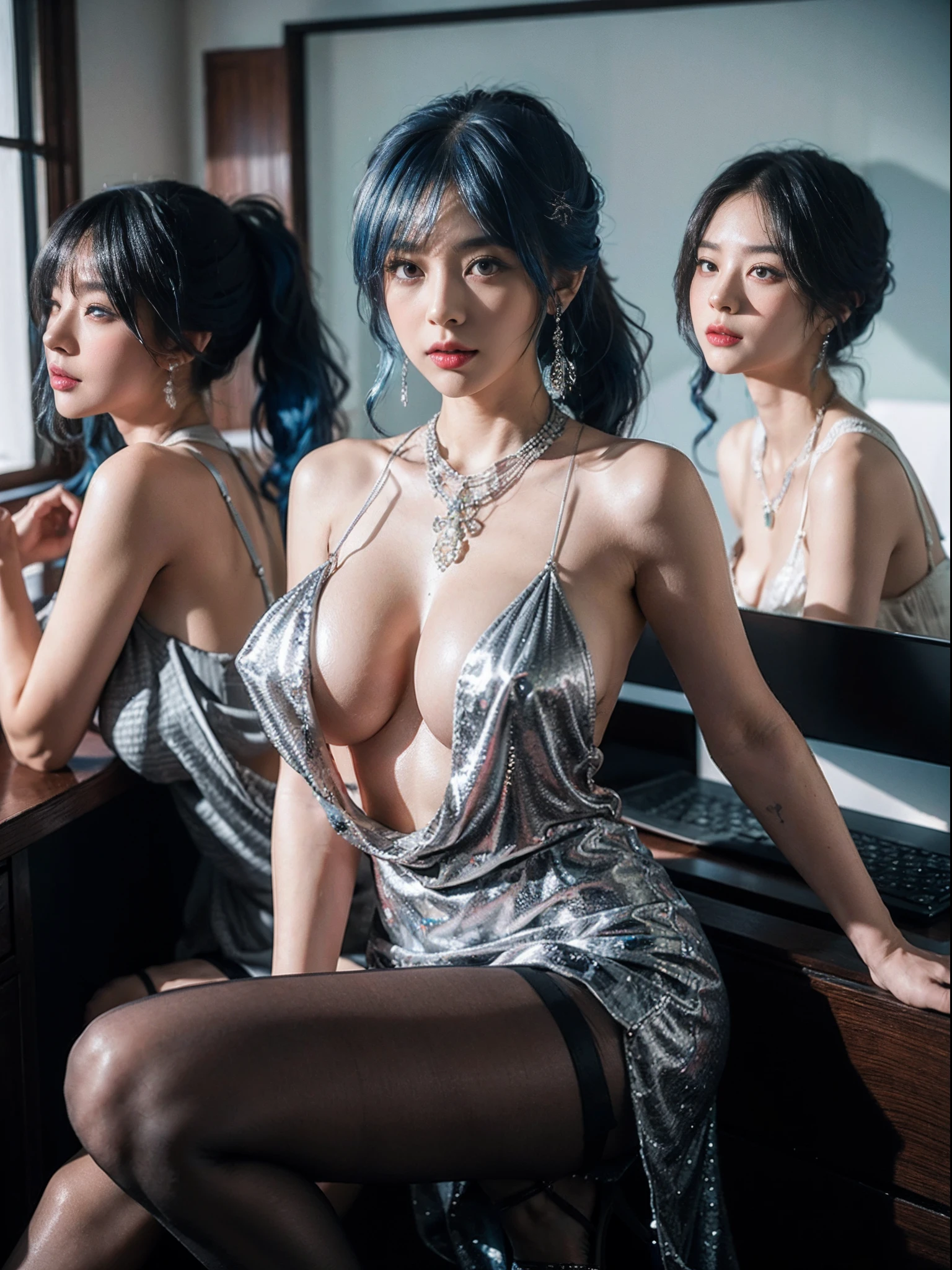 Japan goddess ,absurderes, 8K ,A high resolution, Ultra detailed, Beautiful, Masterpiece, Best quality, (Beautiful and delicate silver eyes), (3girl) ,Three sexy beautiful s in office OL (Office Lady),white button-down blouse,There is a collar,Black Slit Skirt,(Black pantyhose),Long legs ,Detailed legs,High heels,Side ponytail , bangs,full bodyesbian,Big breasts,cleavage,Cyan hair,Blue hair,Black hair,Blush,