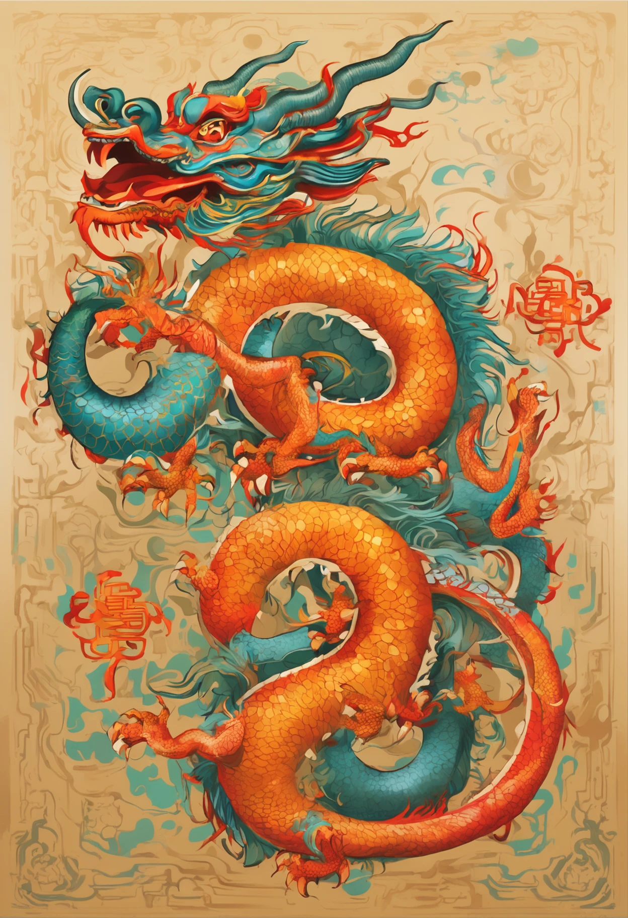 (China - chic Chinese dragon, Anatomically correct，Oriental elements),（China - chic illustration:1.5, Vector painting:1.5),(Chinese colors, senior color matching,Gradient background,White background),(Very detailed, reasonable design, Clear lines, High sharpness,Best quality, Masterpiece, offcial art, movie light effect, 4K )