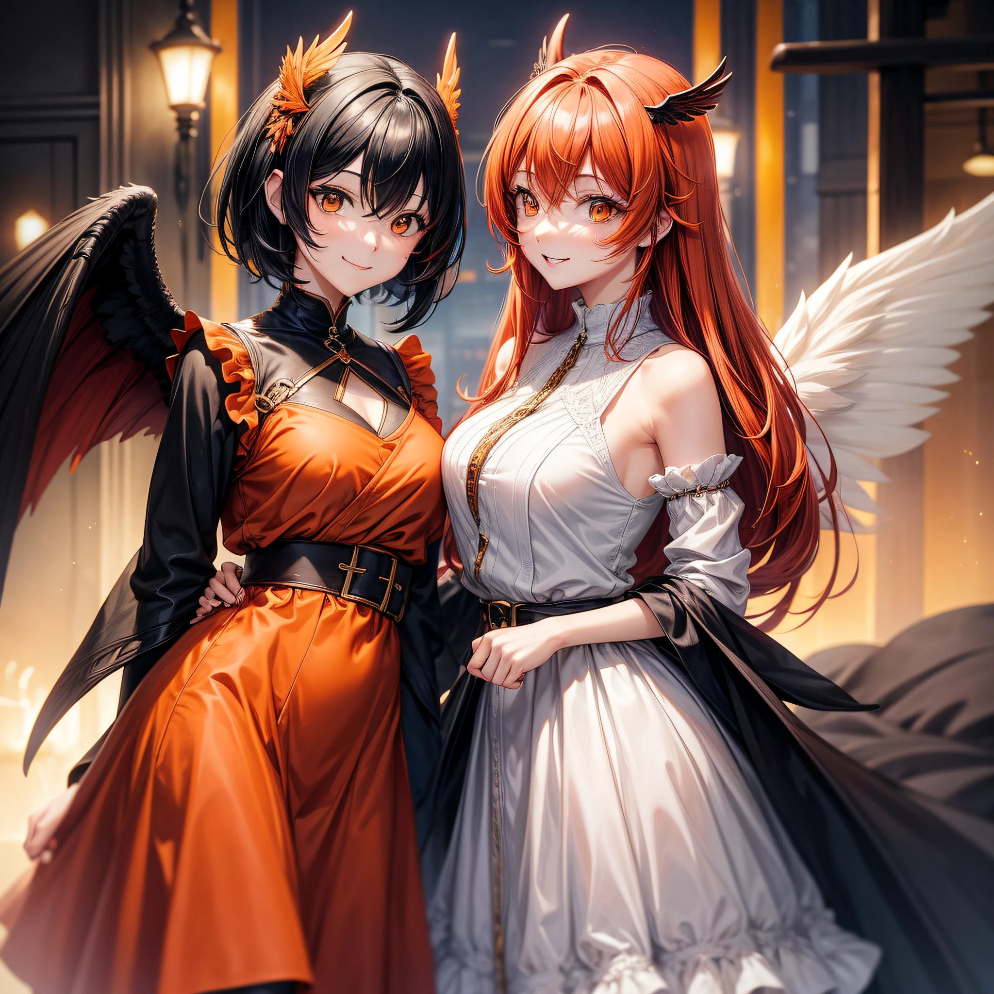 Detailed、Soft skin、Anime style、Orange Eyes、Women in Their 20s、Skysky、Hairstyle is bob、Black and red hair、has wings、Only one person、a smile