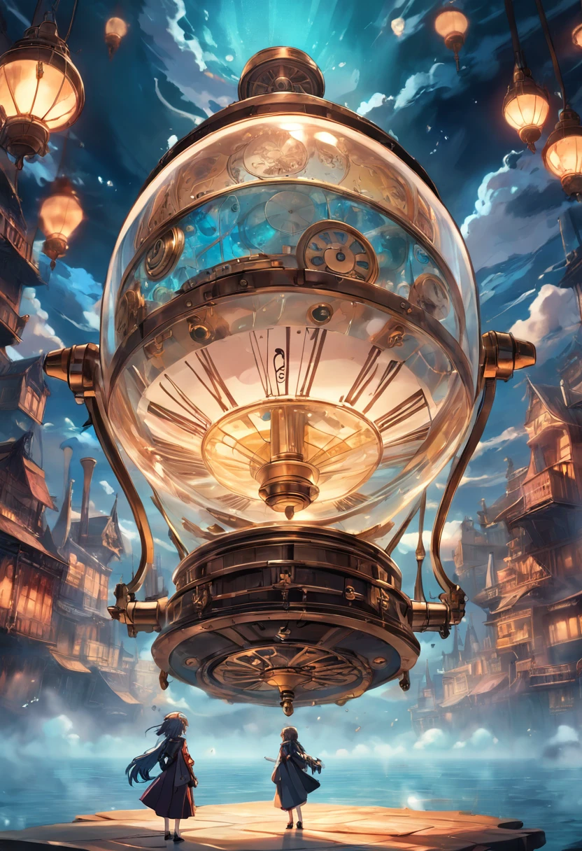 Steampunk style watch, floating in the clouds in a breathtaking majestic setting