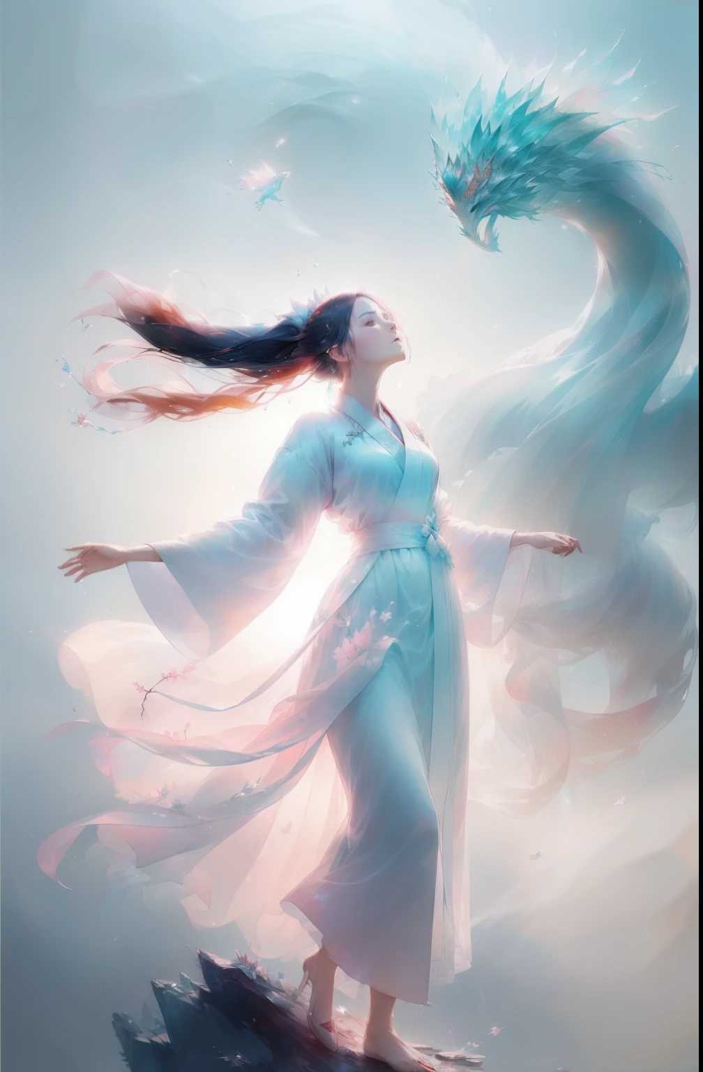 ((((1 girl)))),(white Chinese robe),
In a captivating scene, a beautiful woman adorned in a flowing white Chinese robe soars through the misty clouds on the back of a majestic Chinese phoenix. The wind gently lifts her robe, accentuating the sense of flight as they gracefully navigate the ethereal cloudscape.