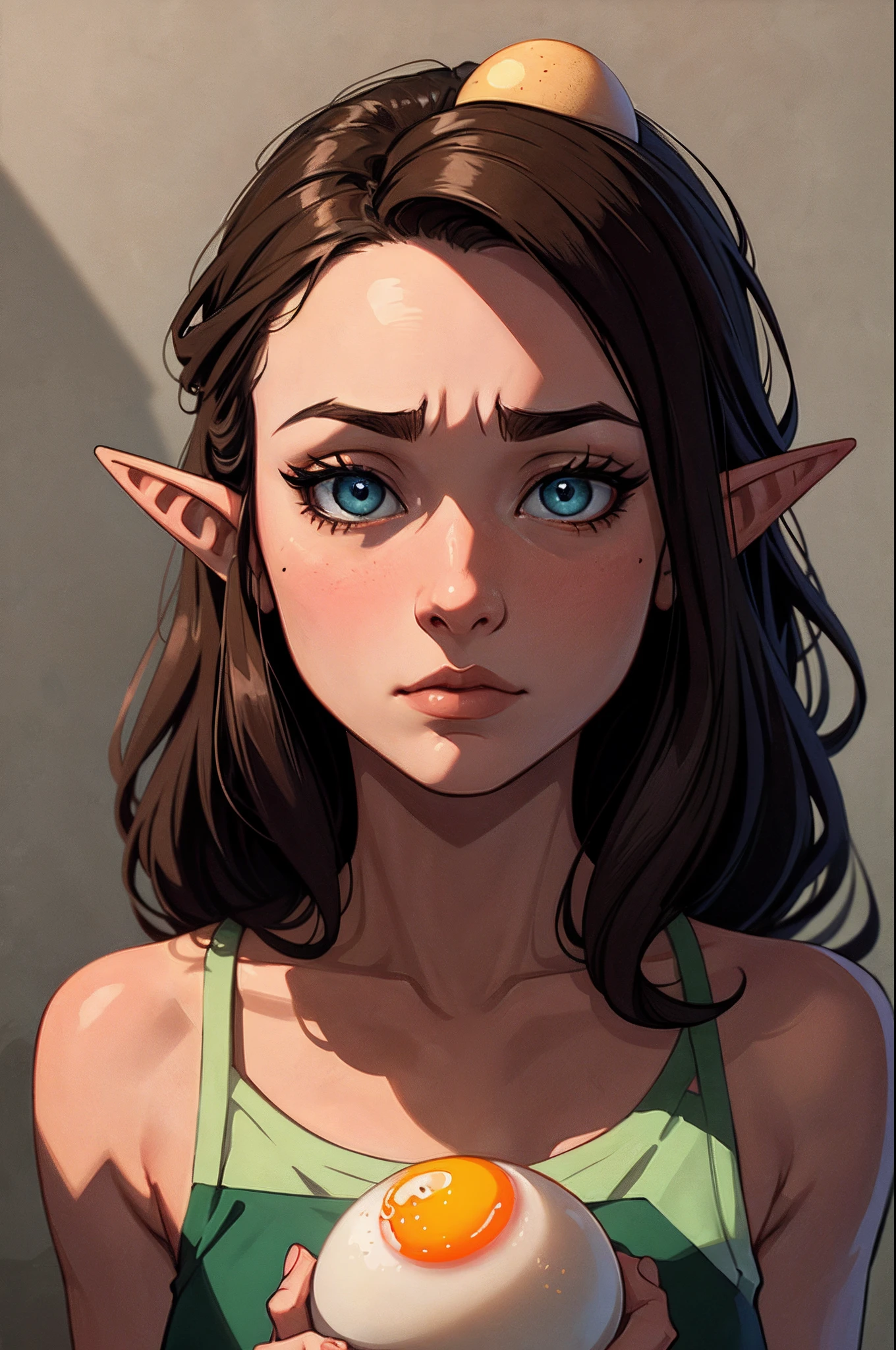 a sad Brunette elf with a fried egg on her head, absurdes, extremely detailed face and eyes, 8k, beautiful shadow and lighting