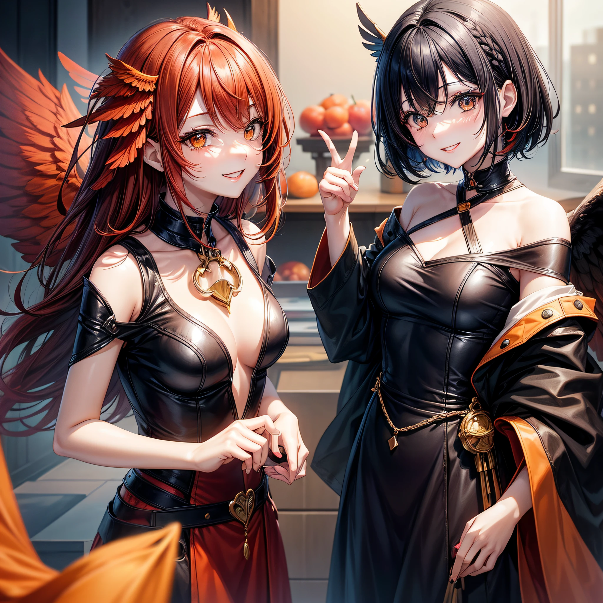 Detailed、Soft skin、Anime style、Orange Eyes、Women in Their 20s、Skysky、Hairstyle is bob、Black and red hair、has wings、Only one person、a smile