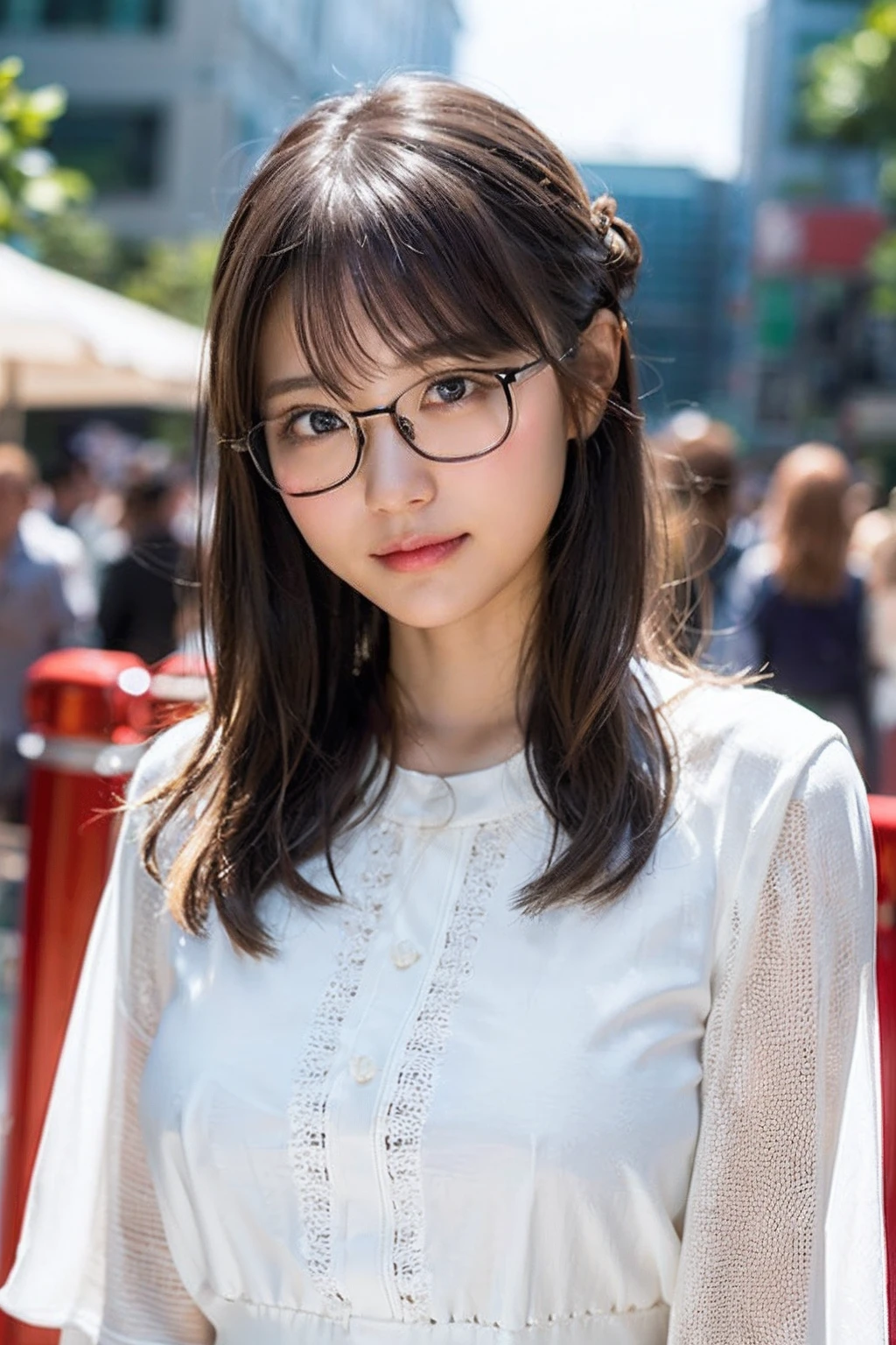 (8K、Raw photography、top-quality、masterpiece:1.2)、(realisitic、Photorealsitic:1.37)、ultra-detailliert、超A high resolution、1人、see the beholder、beautifull detailed face、A smile、Constriction、(Slim waist) :1.3)、((White blouse clothes))、Beautiful detailed skin、Skin Texture、Floating hair、((Hair bunched into one))、large full breasts、Professional Lighting、In front of the station at noon、((Black square glasses))、Whole human body、Brown hair