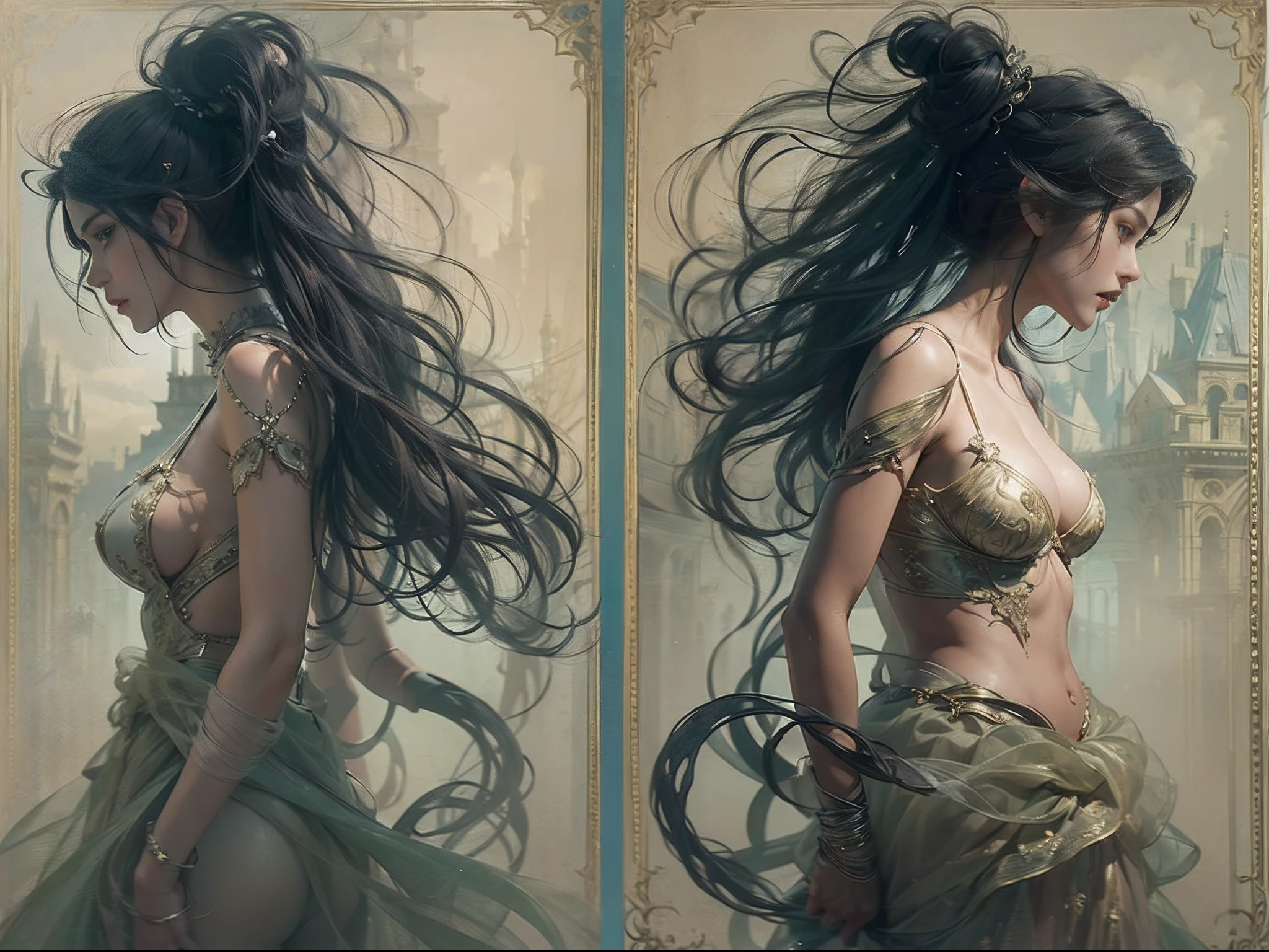 ((Sharp-eyed woman)), ((Works by Agnes Cecil : 1.7)), Black hair, Dancing, Foggy, (from the rear:1.4), Dutch Angle, afterimage、afterimage, (Dynamic movement:1.9), negative space, minimalism, (delicate illustration : 2.0), (Anatomically correct number and shape of fingers), masuter piece, awardwinning, Cinematic scene, Long braided hair, Western witches、Evil Research、Dark Spirits and Rituals、 Enchanted World、Witch in Dynamic Pose、Old and lonely rococo clothes, 35-year-old witch, Challenging, Portrait of an Eastern European woman, an elegant woman, Traditional beauty, portrait shot, long braided hairstyle, Beautiful pictures, dynamic compositions、 The background is decadent, Gothic, Strength and brilliance、solitude、afterimage、light and shadows、Enchanted World、Beautiful fece、