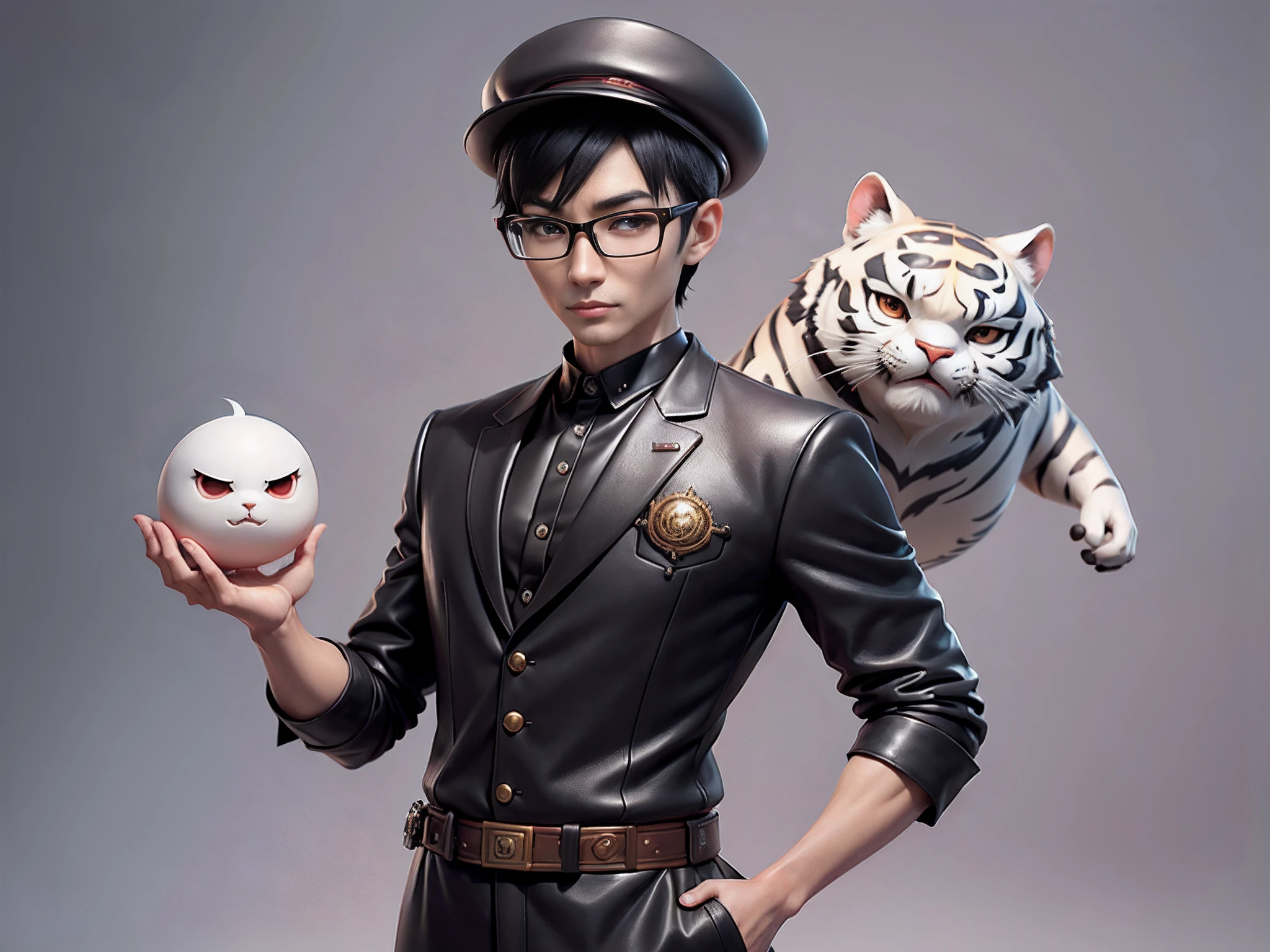 Young man with oriental face in leather hat, tiger, oriental face in formal suit, short black hair, silver glasses, digital painting, 3D character design by Mark Clairedon and Pixar and Hayao Miyazaki and Akira Toriyama, the illustration is a high-definition illustration in 4K resolution with very detailed facial features and cartoon-style visuals.