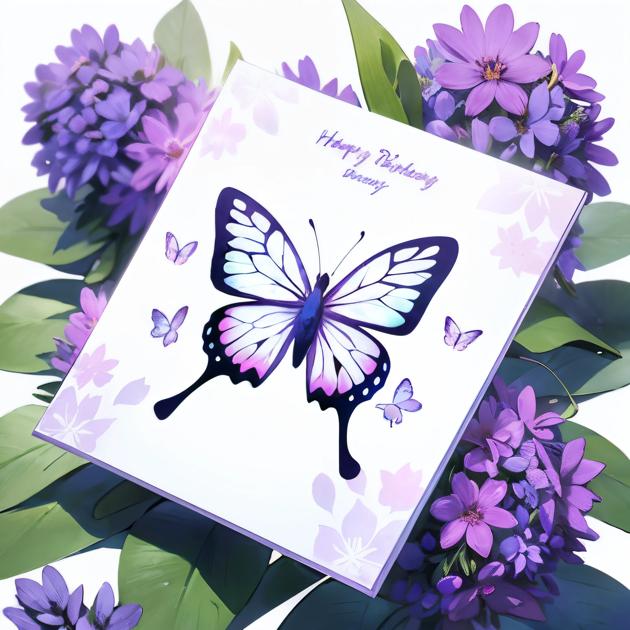 Make a template for Birthday greeting card design , , white background, lavender, realistic, minimal design, butterfly