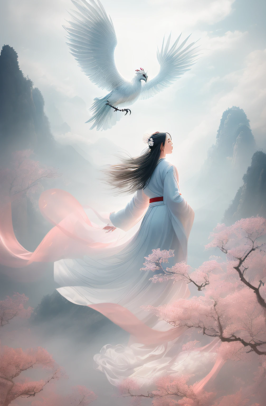 ((((1 girl)))),(white Chinese robe),
In a captivating scene, a beautiful woman adorned in a flowing white Chinese robe soars through the misty clouds on the back of a majestic Chinese phoenix. The wind gently lifts her robe, accentuating the sense of flight as they gracefully navigate the ethereal cloudscape.