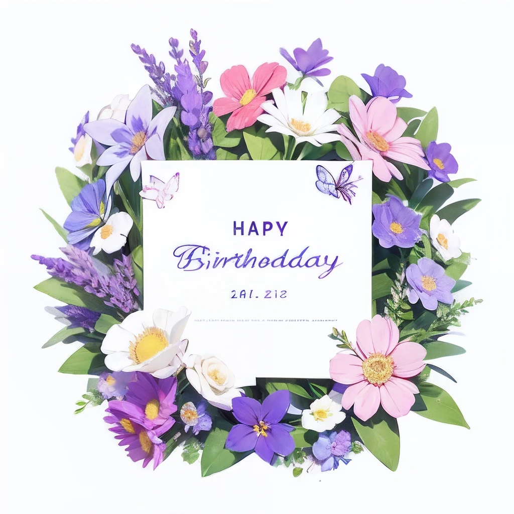 Make a template for Birthday greeting card design , , white background, lavender, realistic, minimal design, butterfly