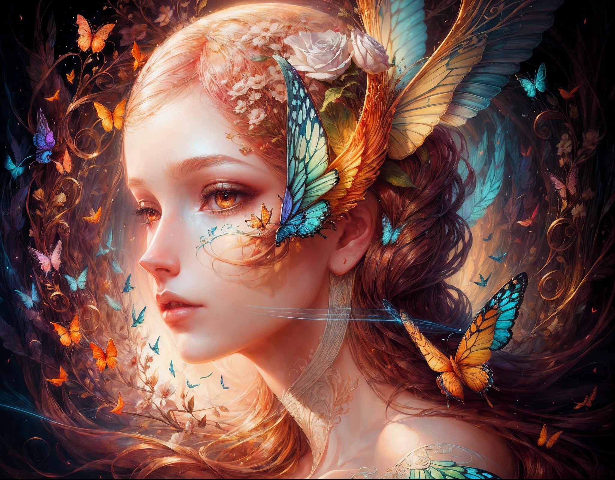 (illustration:1.3) Open-hearthm (by Artist Anna Dittman:1),Spring, paper art, 3D rendering of, Colorful, Beauty side face, Phoenix, Flowers, Butterflies, Lines, Best quality, Detailed details, Masterpiece, offcial art, Cinematic lighting effects, 4K,