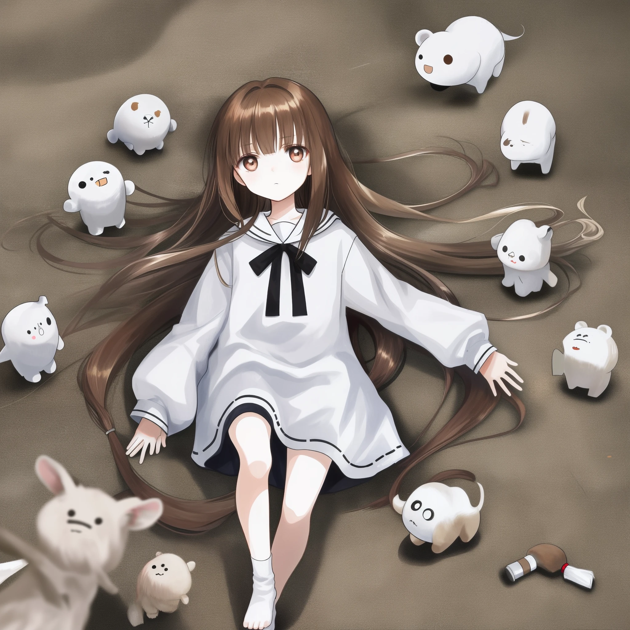 Poor milk，bare-legged，brunette color hair，Empty eyes，adolable，Nine years old，One meter four，cute little，grudge，terroral