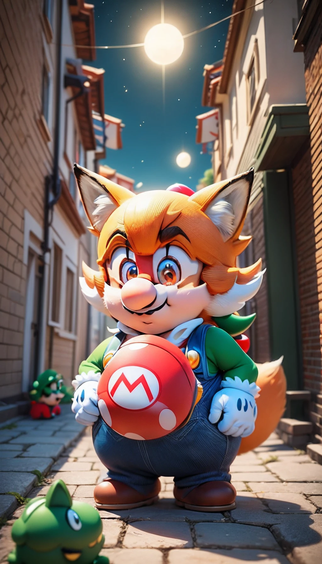 Masterpiece, Best Quality, personage (fox:1.2) In  (Super Mario outfit:1.3) , in the city, Ghibli Style Studio, Akira Toriyama, Genshin Impact, 4k, bright colours, devinart, Trending on ArtStation, illustartion,Beautiful detailed glow,detailed lighting,(beautiful detail eyes:1.1),expressionless,