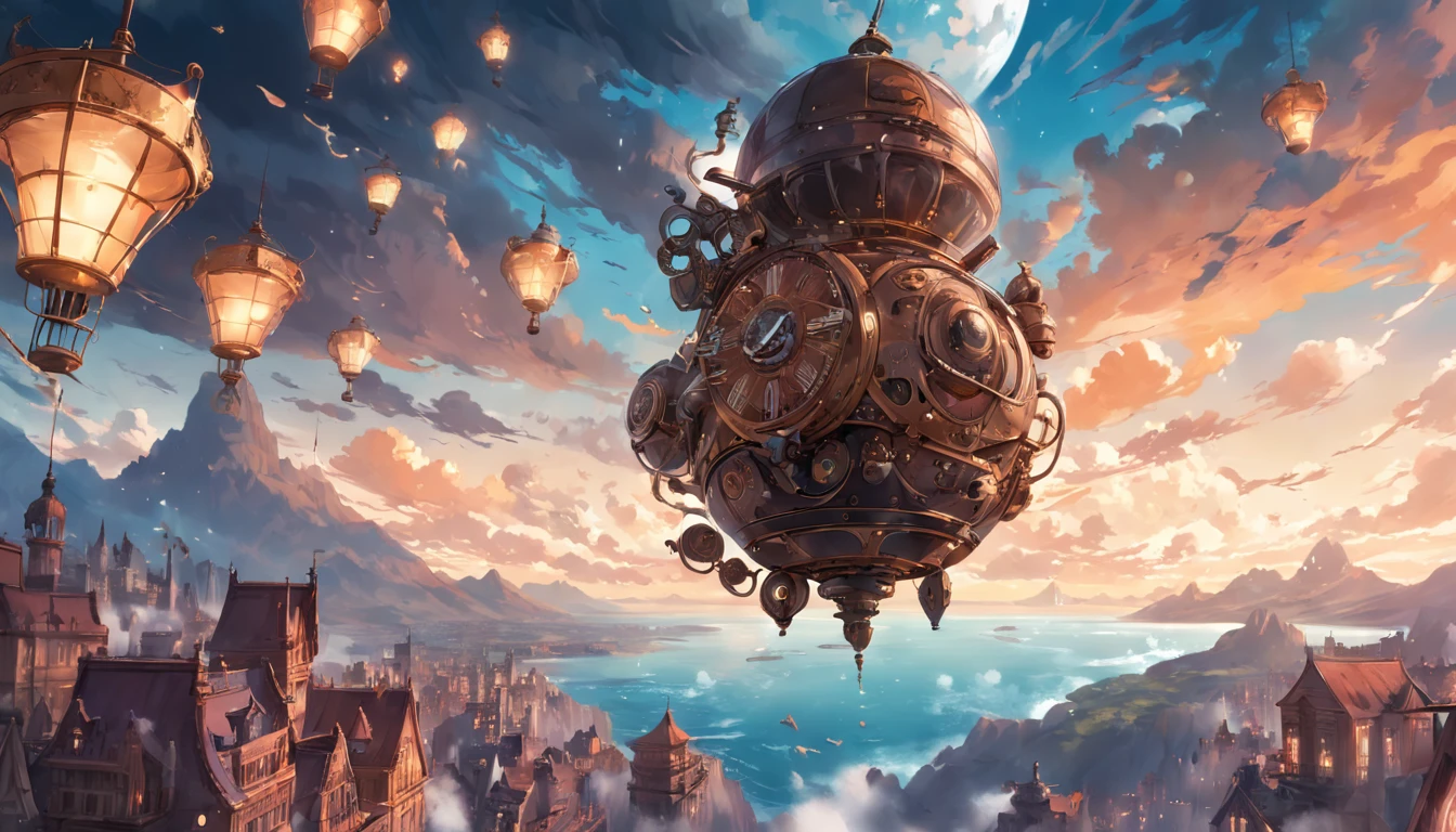 Steampunk style watch, floating in the clouds in a breathtaking majestic setting