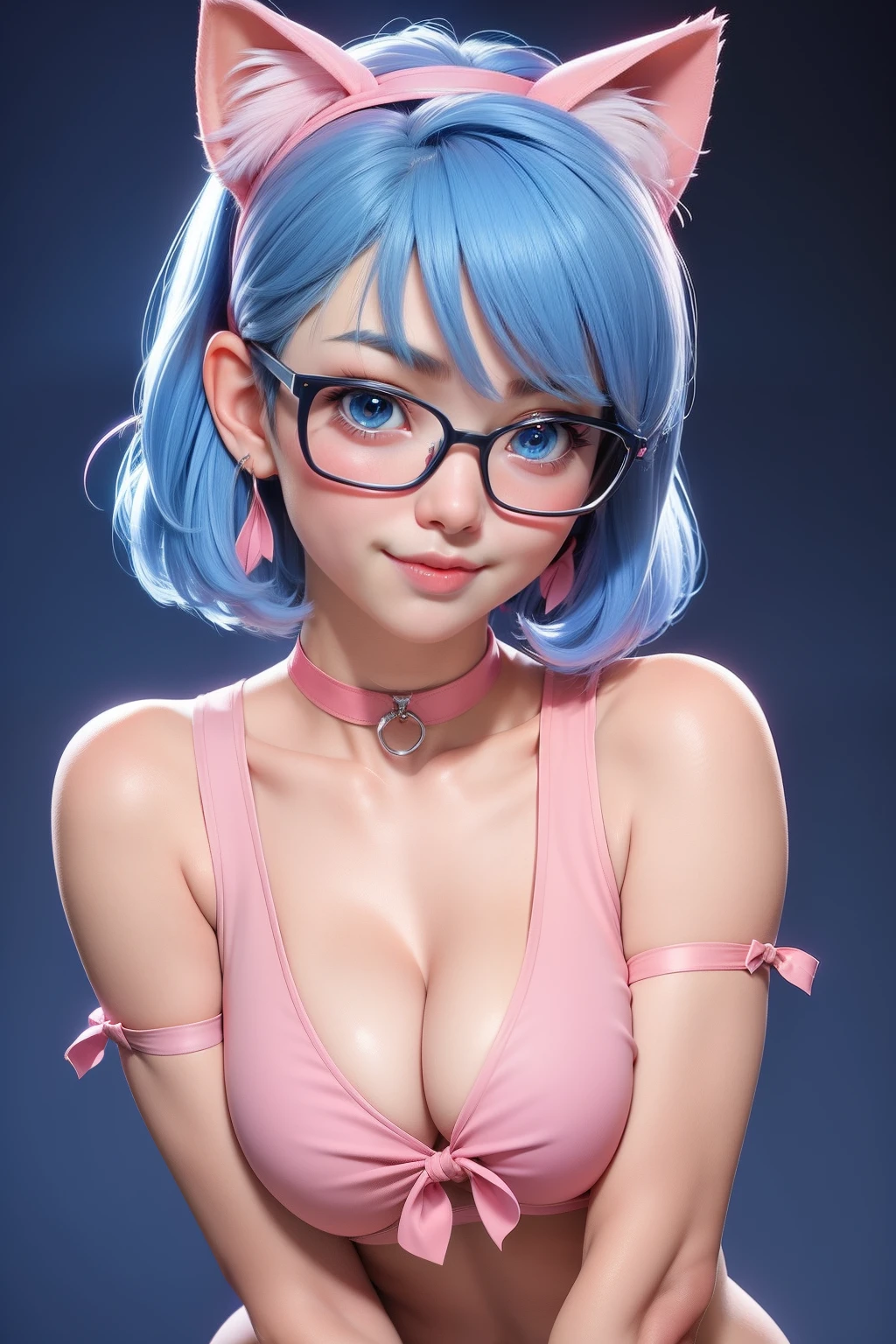 1girl, cute japanese girl, big eyes, sensual face, seductive smile, solo, short hair, erotic mini sport bra, pink cat ears headband, collar, collarbone, red sensual lips, off shoulder, perfect round breast, small breast, cleavage, underboobs, erotic, nsfw, glasses, blush, seductive smile, cute face, looking at viewer, sexy pose, blue background, light blue hair, simple background, sexy pose, blue eyes, lips, closed mouth, ribbon, hair ribbon, stellar earings, bangs, upper body, parted bangs, pink ribbon, nose,