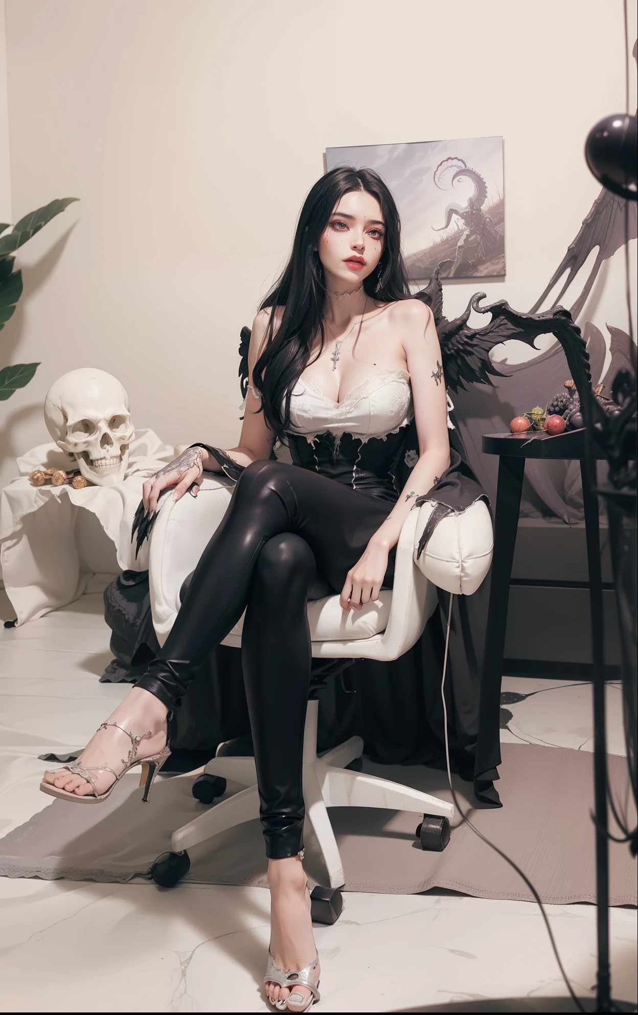 Fine matte paint,Skeleton Dark Angel, Haunted castle with large wings, Fill the drawing table with a knife,terroral,uncanny,horrid,secret terror,tentaculata,grape trees,The eye,uncanny valley effect teeth,all fours,Critters,Blood Moon,super high image quality,Sexy beauty,The picture quality is clear,