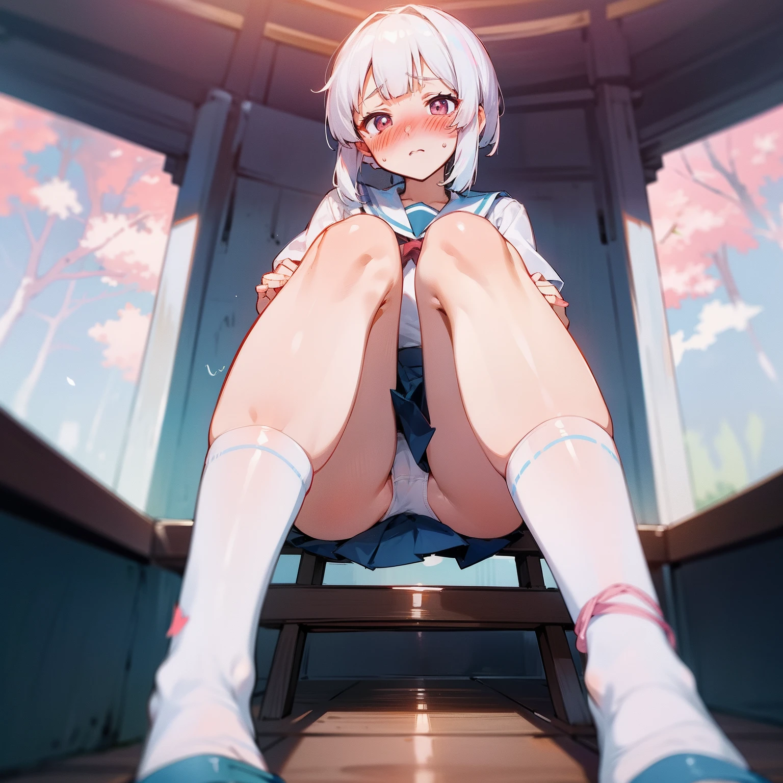 Genshin Kami Sato Ayaka,girl, white color hair, Ultra-short sailor suit, (Naked:1.1), (Blushing:1.6), Detailed face, Roadside, POV crouching,Expose the inside of your legs,Spread your legs,Tie your hands behind your back,transparent panty,Kneeling pose,NSFW:0 ,whitelegwear,Thin leg,No skirt,The perspective is from bottom to top,Desired
