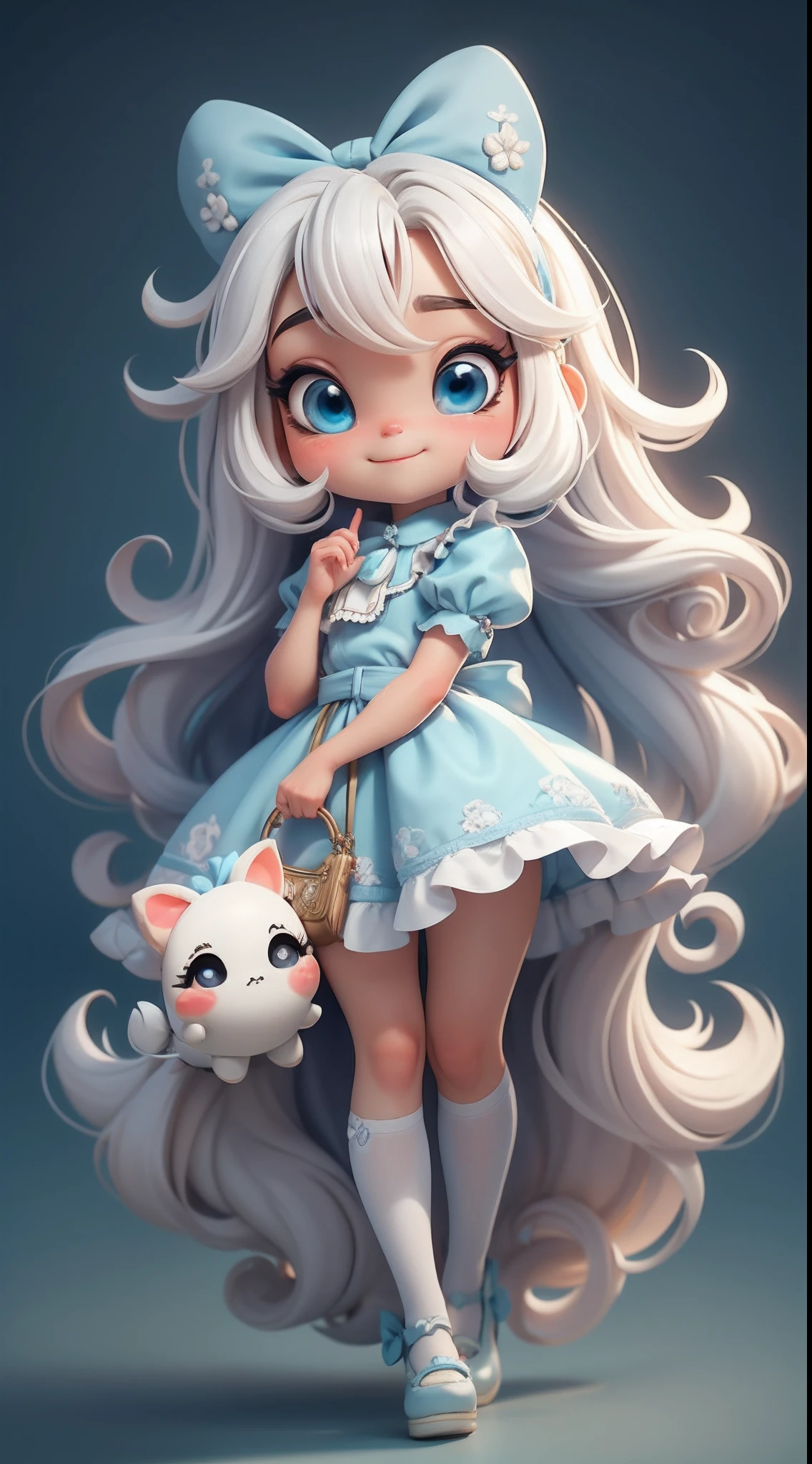 Create a chibi version of the Alice character in an 8K resolution.
Boneca Chibi Alice: She should look adorable and cute, Keeping the iconic elements of the original character. A Alice chibi deve ter um rosto redondo com olhos grandes e brilhantes, long eyelashes and rosy cheeks. Seus cabelos devem ser curtos e em tons vibrantes de loiro ou castanho claro.
Vestido encantador: Vista a Alice chibi com um vestido fofo e elegante em tons de azul ou branco. O vestido pode ter babados, lace and details that refer to the theme of Wonderland. Add loops or ribbons to add a touch of delicacy.
Avental e Arco: Acrescente um avental branco sobre o vestido da Alice chibi, tied at the waist with a delicate bow. O avental pode ter pequenos detalhes como bolsos ou bordados sutis.
Meias e Sapatos Fofos: Complete o visual da Alice chibi com meias listradas em azul e branco ou com detalhes divertidos. On the feet, coloque sapatos fofos de boneca, com amarras ou fivelas.
magical accessories: Add lovely accessories to Alice chibi, like a bow in the hair or a tiara with Wonderland-themed details. You can also include a pocket watch or a cup of tea in your hands.
Certifique-se de adicionar sombras, texturas e detalhes nos cabelos, Alice chibi's clothes and accessories to make her even more adorable and charming. Give him a curious expression and a sweet smile on his face, capturing the essence of the character in a delicate and charming way.