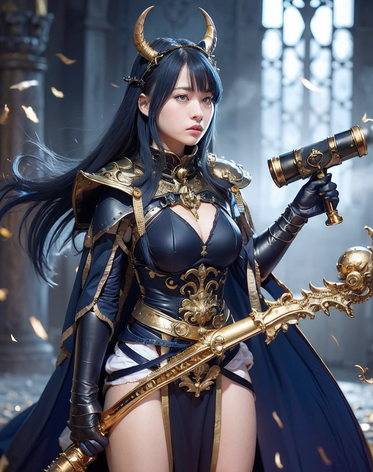 Professional , masterpiece、top-quality、photos realistic , depth of fields 、(Gemstone Blue Metal Body:1.2),(Matte Blue Black、(Standing in the church)、gold patterns、Wind-effect、Light Effects、Wind-effect、magic circles、(cleavage of the breast)、Dragon Gold Weapon(Dragon Metal Body:1.4),Gorgeous gold weapons ,(Particles of light)、(Strange expressions)、Mystical expression、(( Dragon's dense and gorgeous sword)) , Ultimate Beauty 、((Blue hair))、(Castle background)、The dragon、((Gangle's forest background))、Beautiful Caucasian beauty、(1a person)、dynamic ungle,(((Details of the two demon horns on the head)))、Smaller head、A smile、Castle background、Thin and beautiful female hands、cleavage of the breast、Soldier in iron armor on background、Mystical expression、Light Effects、Wind-effect、magic circles、With the legendary magic wand、(demonic wings)、(Blue hair)、(1 persons)、Battle Look、Anatomically correct body、Toostock、Toostock、