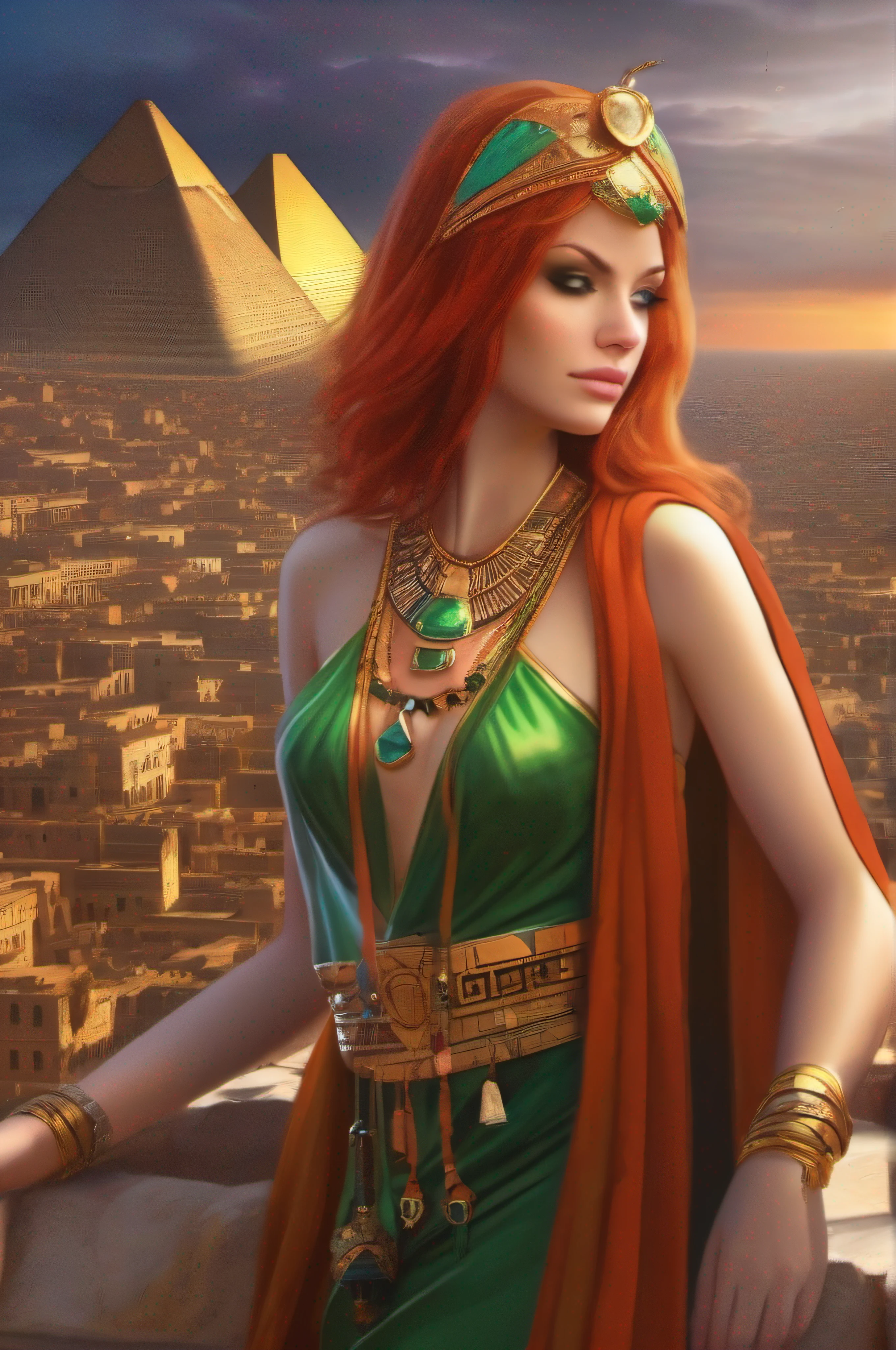 A beautiful red-haired woman with big breasts wearing only a short wide-open orange-green-golden-Egyptian cloak, and some jewels, on top of the Piramide from Cheops, looks down over the Egyptian old City.