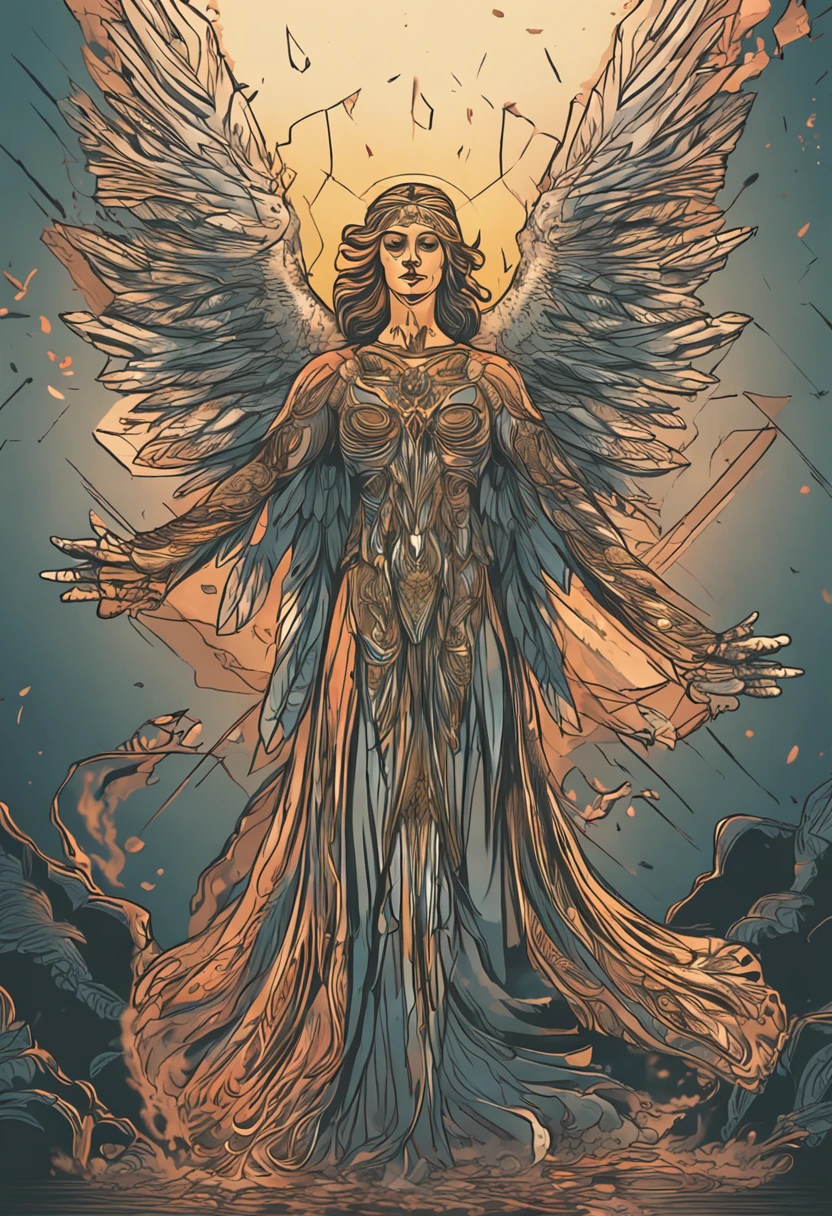 Create a representation of a guardian angel with wings spread,espada e protegendoalguem