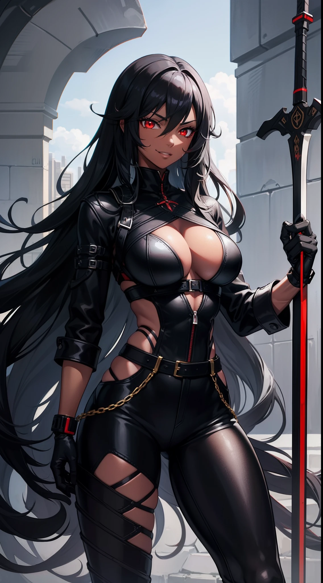 Adult woman, ebony, black skin, long curly black hair, red eyes, Bondage on the eye, musculature, Black hired tight top, Mercenary pants, arma, sword, smirk, Masterpiece, hiquality