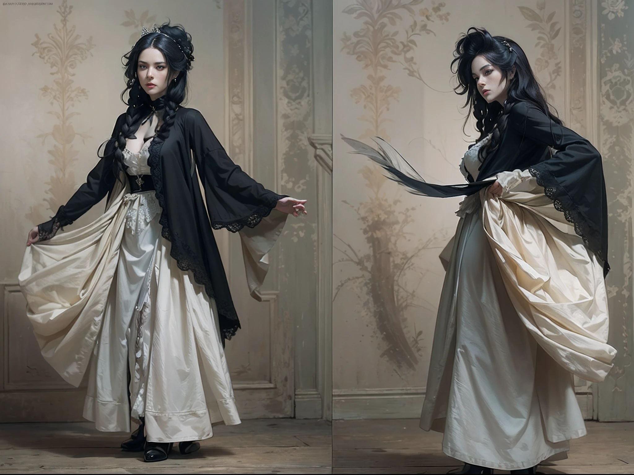 ((Sharp-eyed woman)), ((Works by Agnes Cecil : 1.7)), Black hair, Dancing, Foggy, (from the rear:1.4), Dutch Angle, afterimage、afterimage, (Dynamic movement:1.9), negative space, minimalism, (delicate illustration : 2.0), (Anatomically correct number and shape of fingers), masuter piece, awardwinning, Cinematic scene, Long braided hair, Western witches、Evil Research、Dark Spirits and Rituals、 Enchanted World、Witch in Dynamic Pose、Old and lonely rococo clothes,Krenz Cuchart style, 35-year-old witch, Challenging, Portrait of an Eastern European woman, an elegant woman, Traditional beauty, portrait shot, long braided hairstyle, Beautiful pictures, dynamic compositions、 The background is decadent, Gothic, Strength and brilliance、solitude、afterimage、light and shadows、Enchanted World、Beautiful fece、
