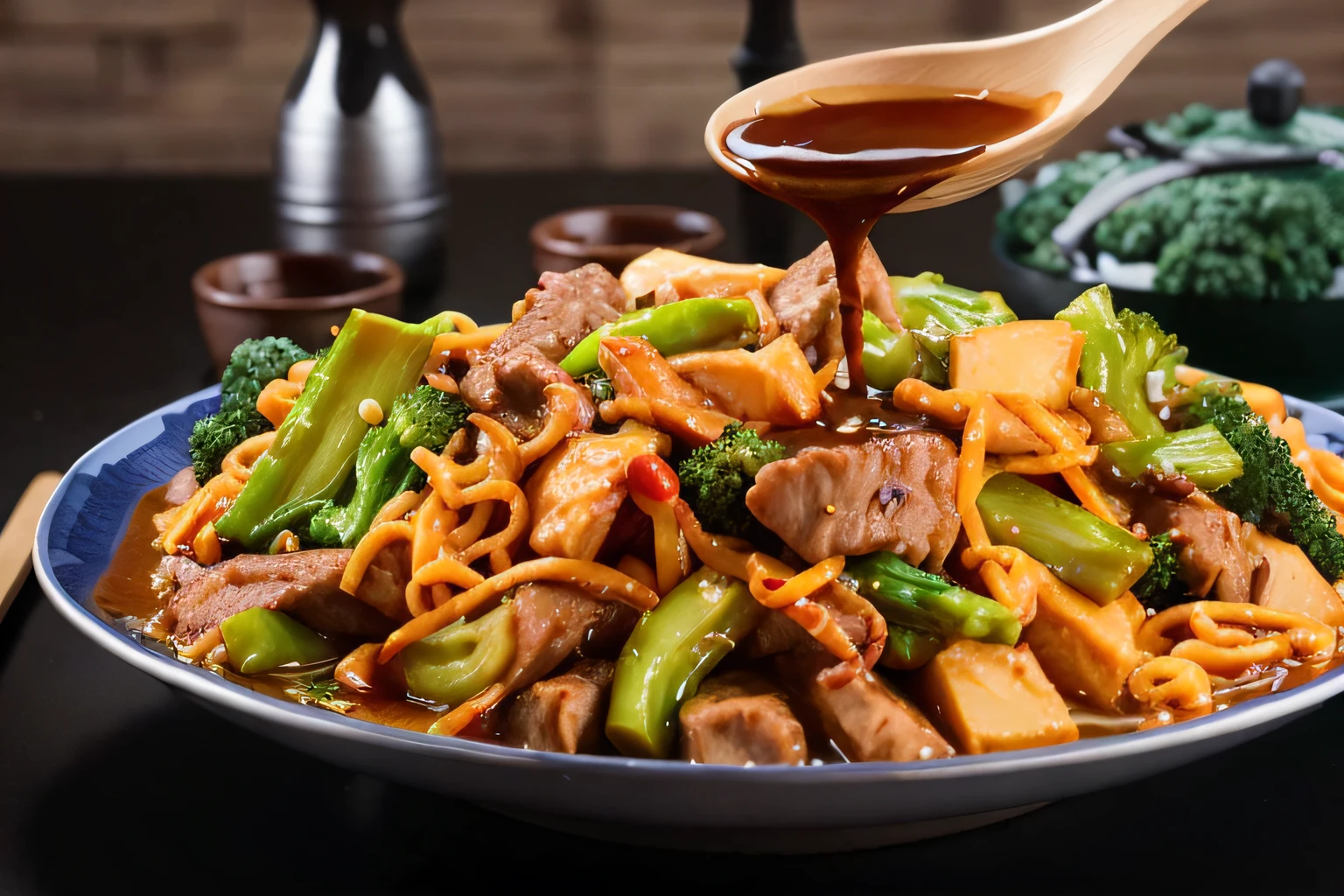 Araffy Asian food with broccoli, Cenouras, e carne em uma tigela, wok, delicioso, Chinese, Fotografia de comida de alta qualidade, noodle, comida deliciosa, fotografia profissional de alimentos, Alimentos comerciais 4K, Fotografia de comida HD, imagem impressionante, traditional chinese, em estilo de pan ren wei, cair o queixo, Mouthwatering, molho, Sichuan, easy go, Chen Longque