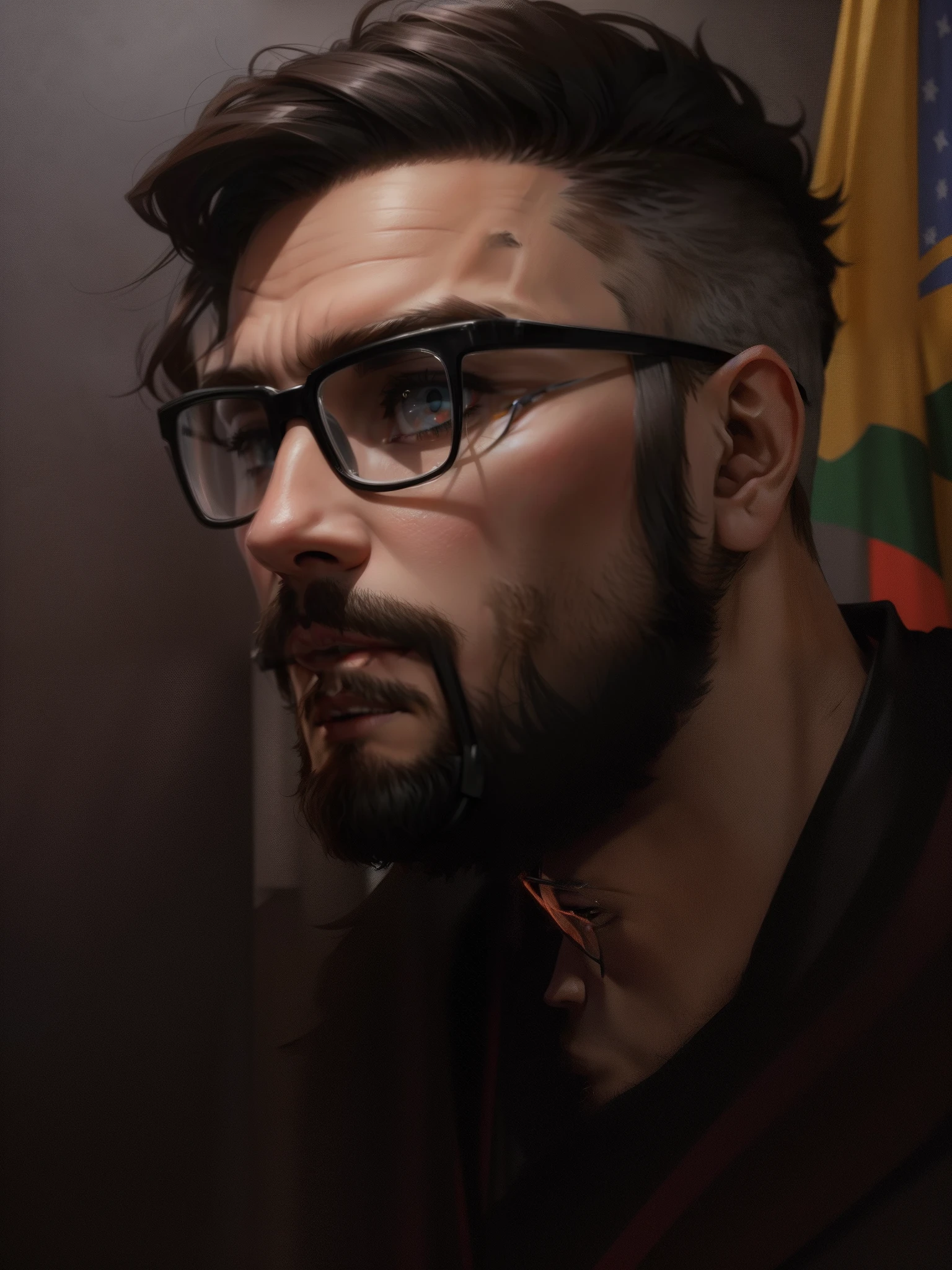 There's a man with glasses and a beard in a room, headshot profile picture, profile picture, looking sideways, Twitch streamer/gamer Ludwig, very high quality image, lit from the side, looking to the side off camera, taken in early 2020, halfbody headshot, cyberpunk anime style, anime style with powers and a Brazilian flag stretched out in the right corner of the iamgem