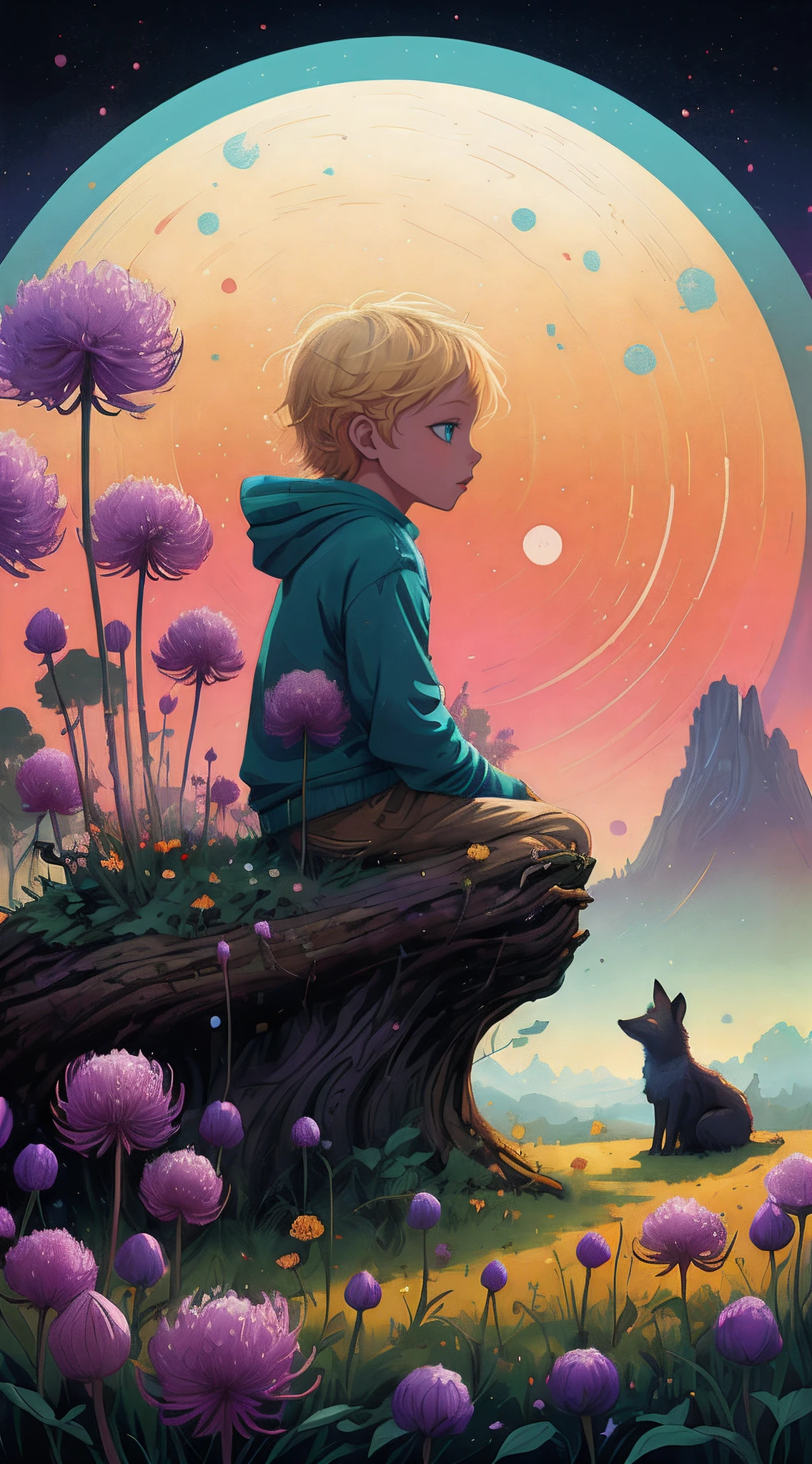 there is a painting of a little blonde boy sitting on a tree stump with a fox, beeple and jeremiah ketner, cyril rolando and goro fujita, inspired by Cyril Rolando, cyril rolando and m. w kaluta, cyril rolando and m.w kaluta, in style of cyril rolando, greg beeple, childrens art in artstation