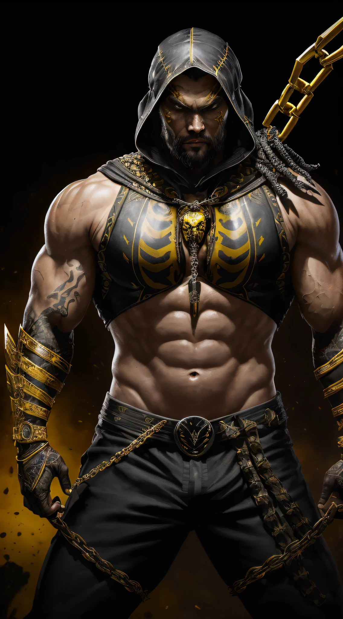 a photo of (Jason Momoa) as (Scorpion) from Mortal Kombat, yellow and black outfit with, skull-like mask, kunai on a chain, Intricate, High Detail, Sharp focus, dramatic, photorealistic painting art by greg rutkowski