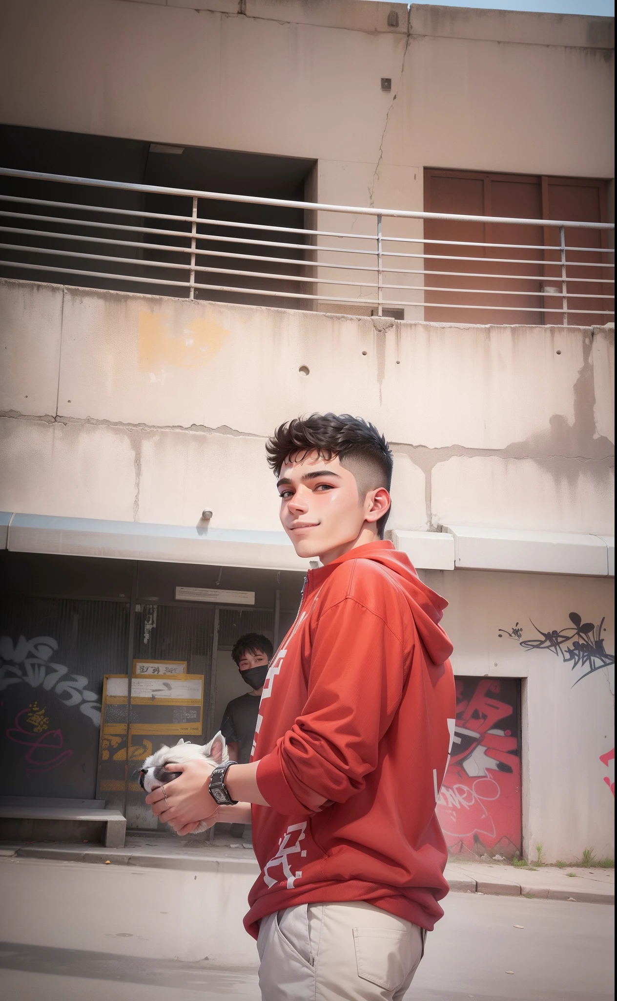 A very handsome teenager passed by me and inadvertently saw me, bust photo, smiling and looking at me. High nose, yellow race, relatively white skin, black hair, medium hair. The background is a wall with various graffiti on it. He wears simple short sleeves and holds a cute dog. Highest quality.
