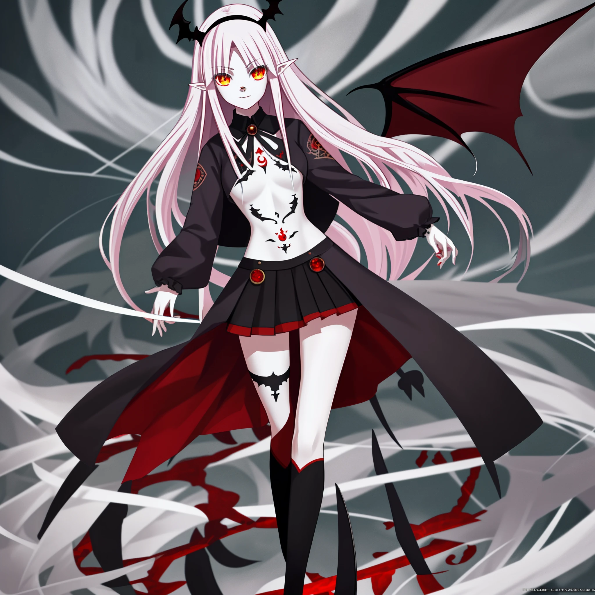 whaite hair, red - eyed, Bright eyes, Located in the dark, Vampire girl, Light smile, Bright pupils, excited, long and pointed ears, Bat hairpins, ahoge, double tails, red hairband,(( Tattoos on the abdomen and legs)), beautifull detailed face, The is very detailed, anime big breast, High detail, 8K, Super detail, hyper HD, High quality, Textured skin, hyper HD,winning artwork
