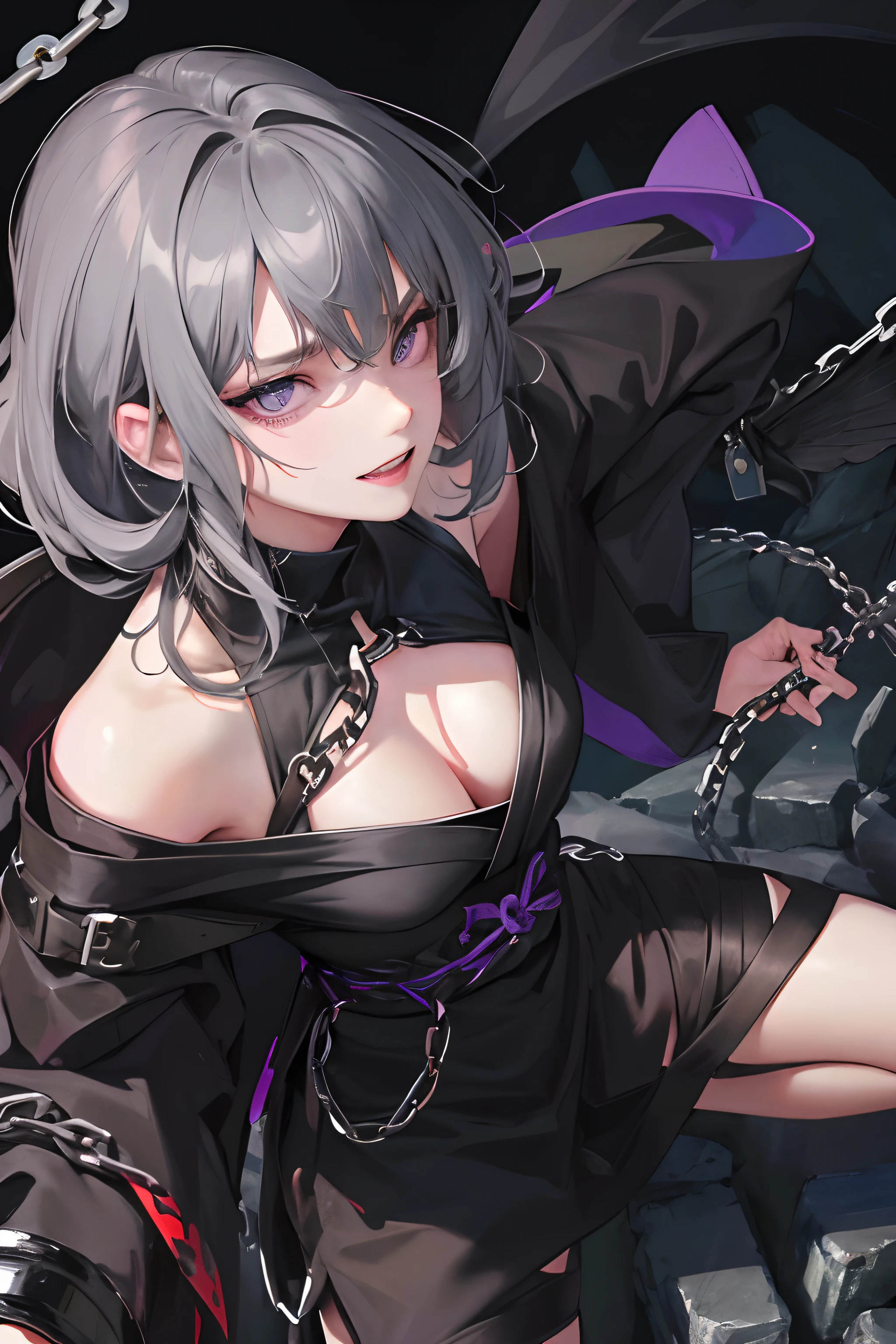 Official art, masterpiece, Sharp Focus, girl with, Solo, Delicate Beautiful Hair and Eyes and Face, Realistic, Ultra-detailed, Shackles, ((Big black iron ball)), ((Black chain on left leg)), In the ancient Japan town, sinner, Dynamic Angle, From above, Looking Up, Dramatic Lighting, Night, Scenery, short gray hair, Evil smile, Shaggy hair, prisoner, (black ragged clothes), dark backgrounds, Purple eyes, Jagged teeth