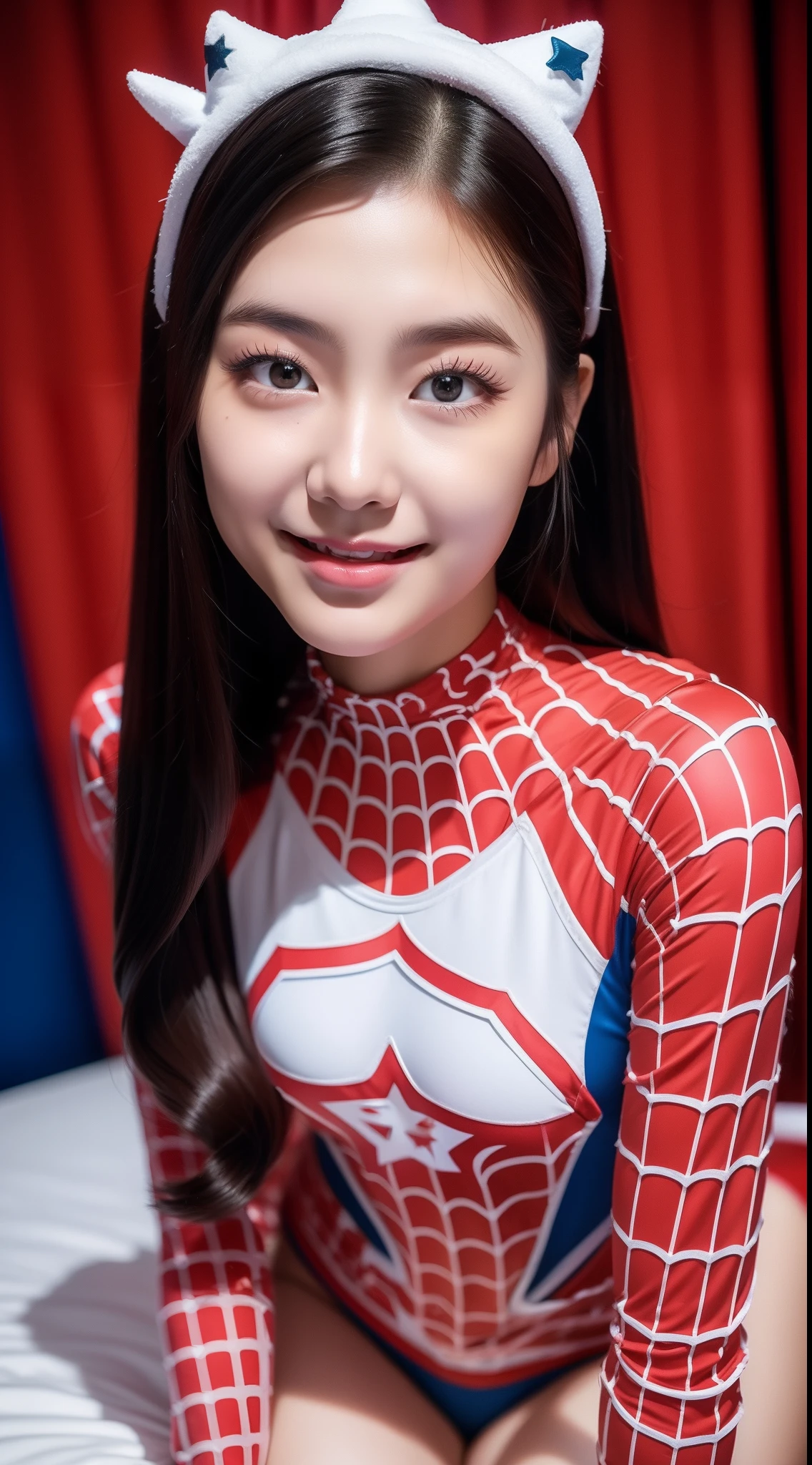 realistic photos of (1 cute Korean star), hair two side up, white skin, thin makeup, 32 inch breasts size, slightly smile, wearing Spider man costume, kneeling in the bed room, close-up, 16k