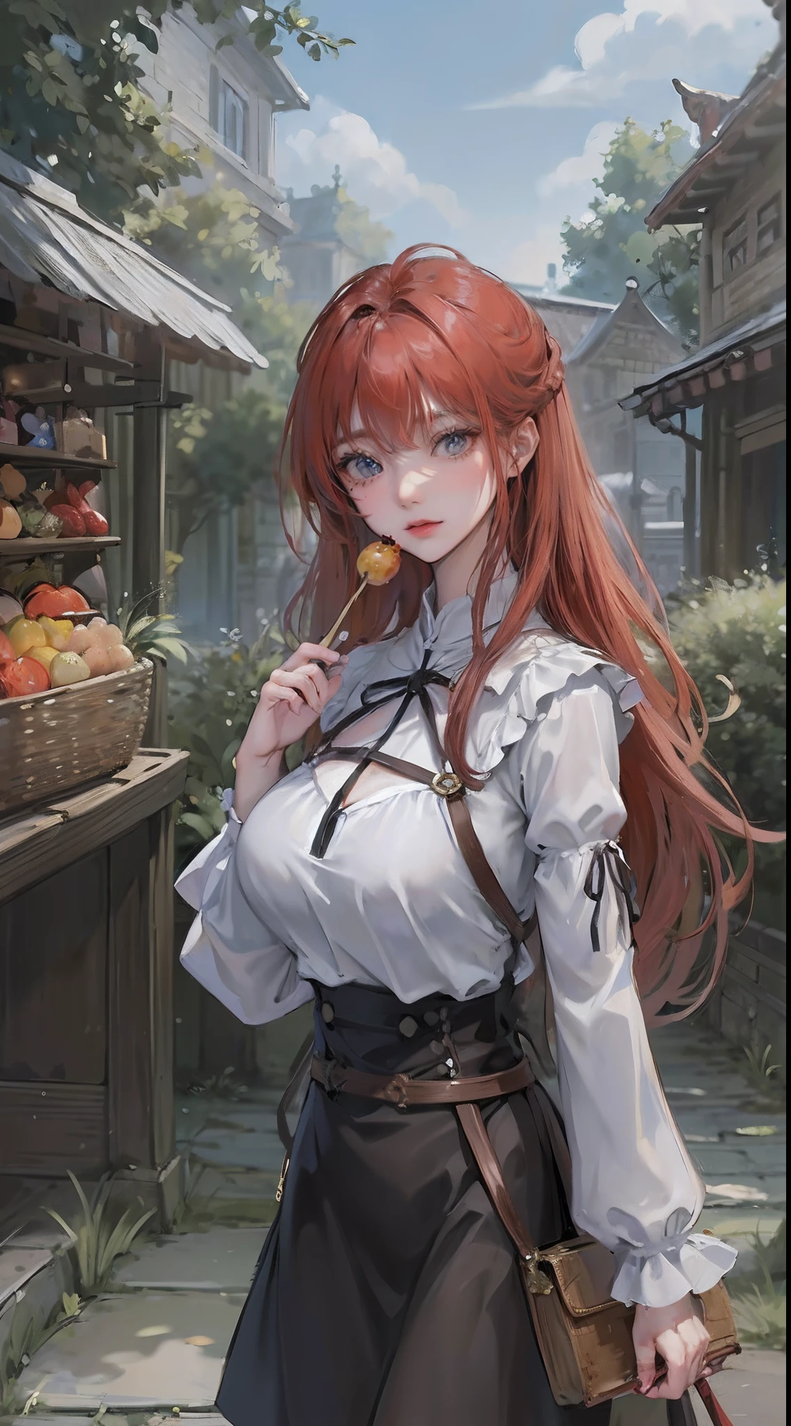 masterpiece、top-quality、Medieval Western Fantasy Worldview、Western-style architecture、Game-like、((Very wide road))、There are plenty of stalls on both sides of the road、fruit stall、Other food stalls、big crowd、Meat skewers、Eating around