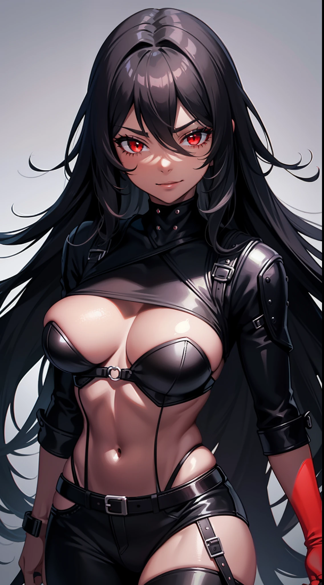 Adult woman, ebony, black skin, long curly black hair, red eyes, Bondage on the eye, musculature, Black hired tight top, Mercenary pants, arma, sword, smirk, Masterpiece, hiquality