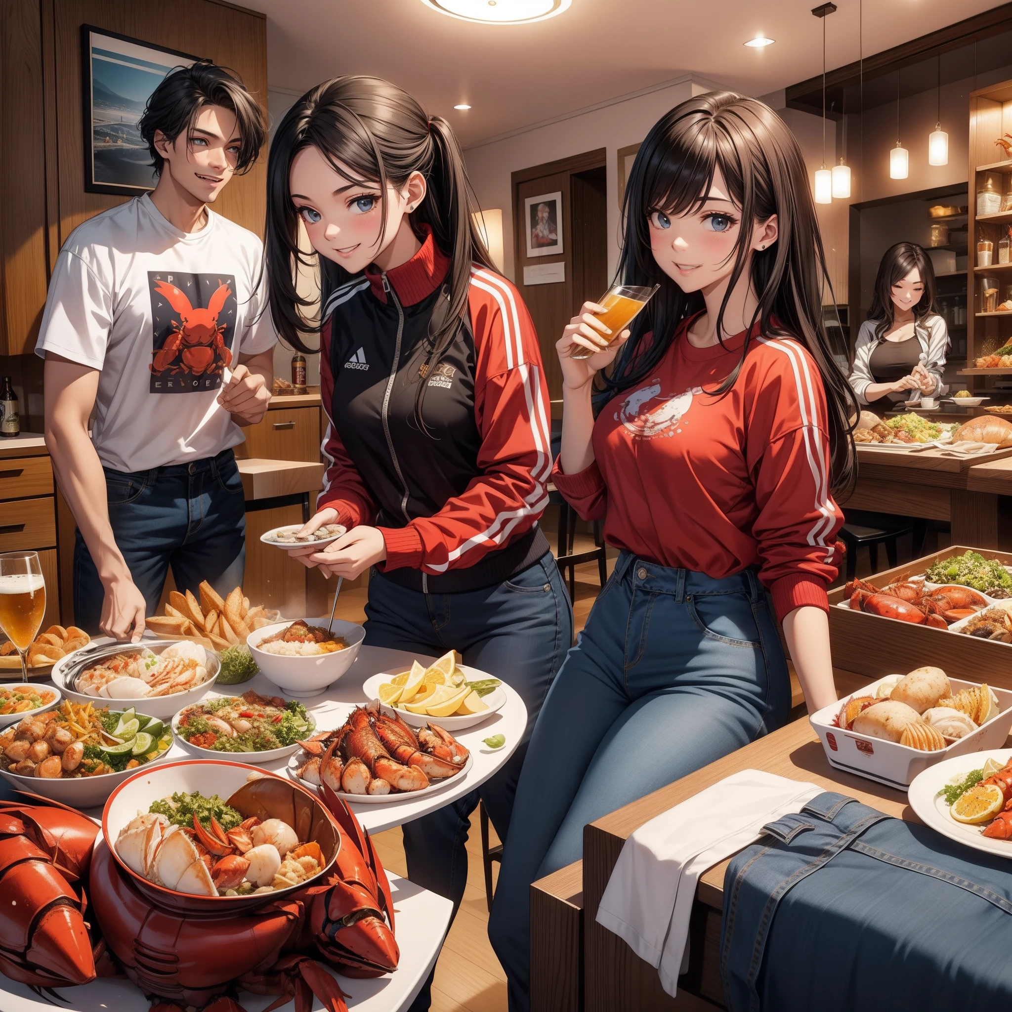 2 female, darker skin, gold yellow long hair, red eyes, huge breast, black bra, thick legs, red long jean, glasses, red cap, in the indian place, indian foods, eating, sitting