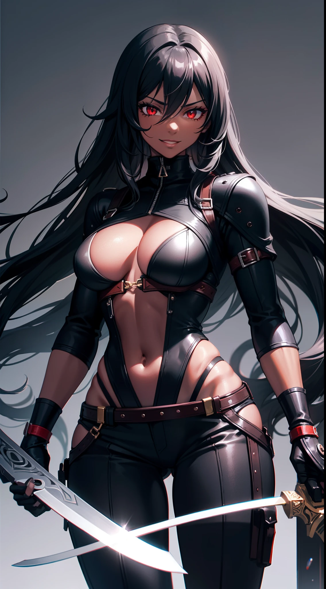 Adult woman, ebony, black skin, long curly black hair, red eyes, Bondage on the eye, musculature, Black hired tight top, Mercenary pants, arma, sword, smirk, Masterpiece, hiquality