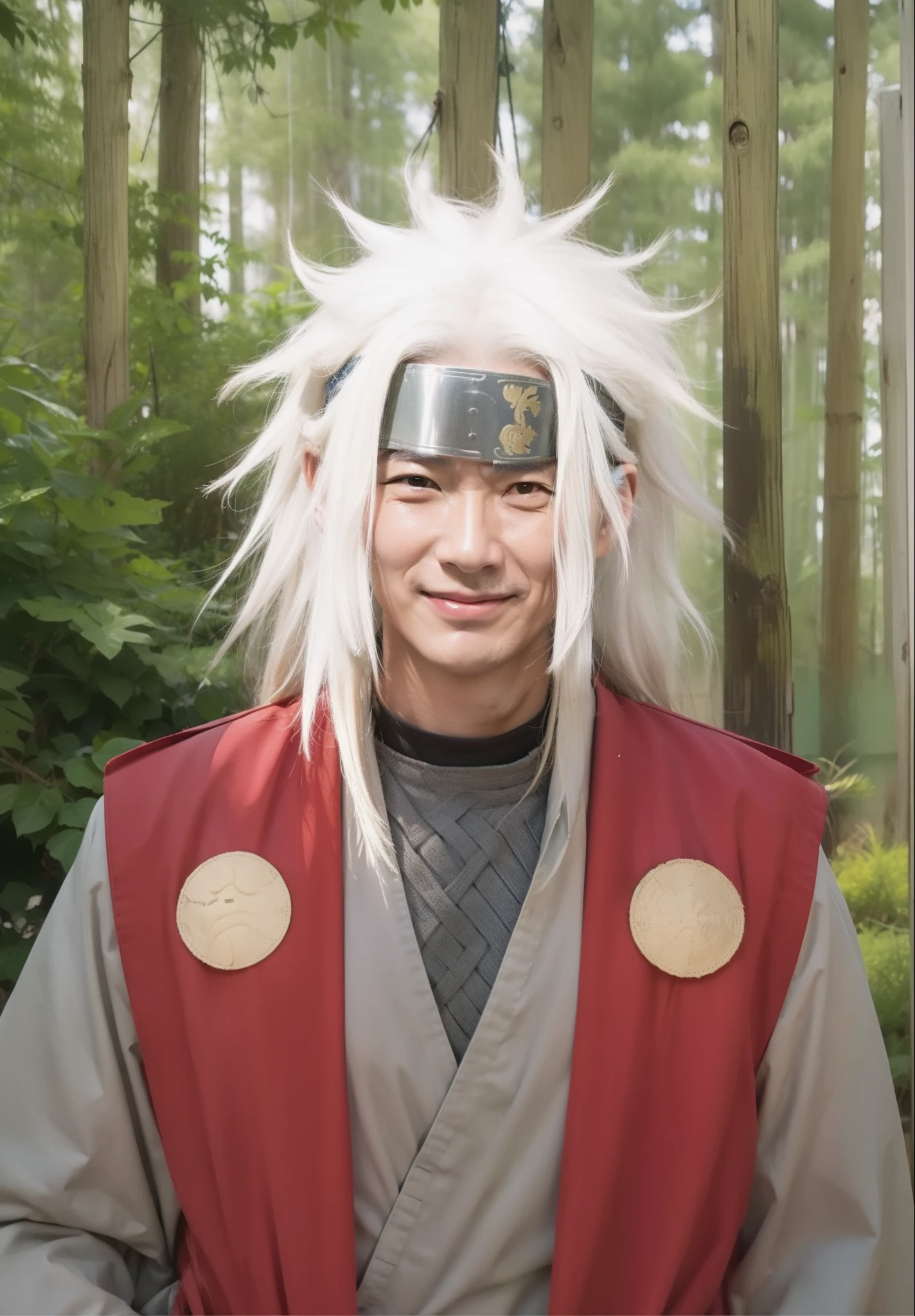 Real life adaption of this character,(realistic detailed very messy hair),(similar big iron headband),realistic outfit,old Japanese man face ,realistic light,realistic shadow,realism,(photorealistic:1.2),realistic background,a bit smile,(realistic texture of the outfit)