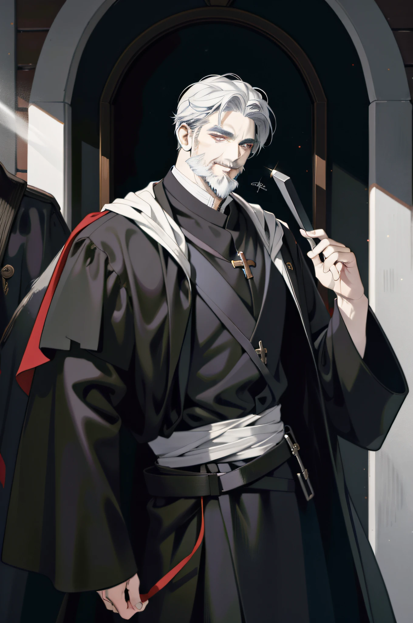 (masterpiece:1.2, best quality), "An old priest, greying beard, dark robes, his face is slightly pale and ghastly, somber look but smiling, high-priest, cult, dark atmosphere, signature look of superiority."