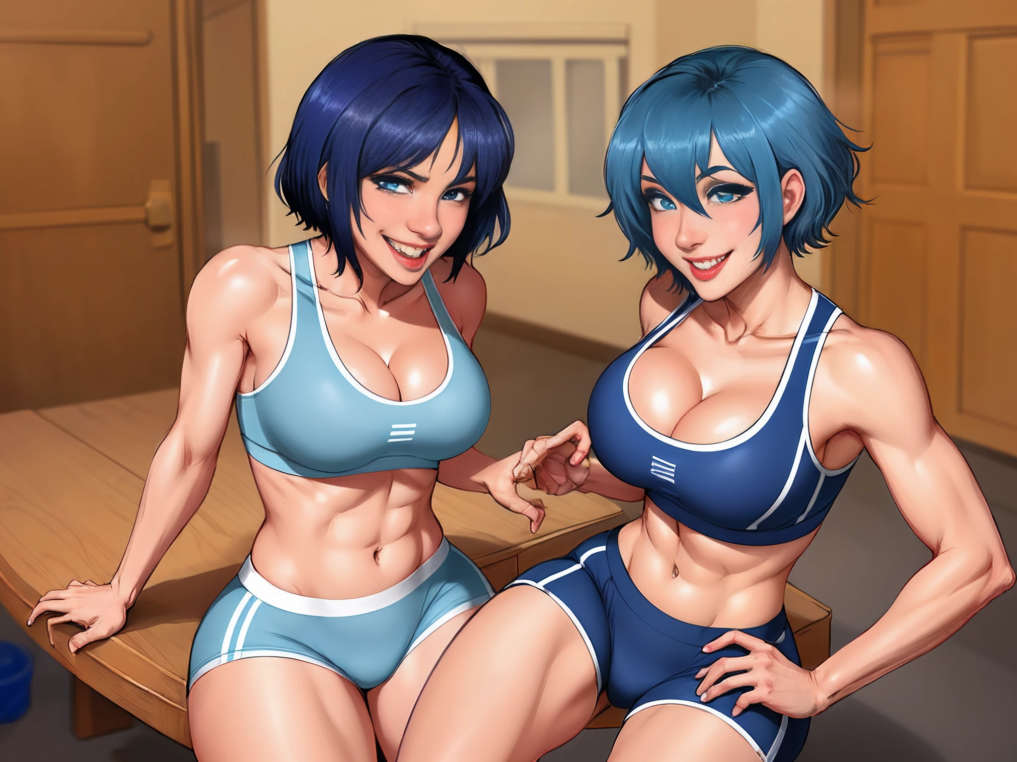 blue short hair, middlebreast, Faint sapphire blue eyes, A seductive smile,Wear a sports bra and bloomers,cleavage,perspired,steamy