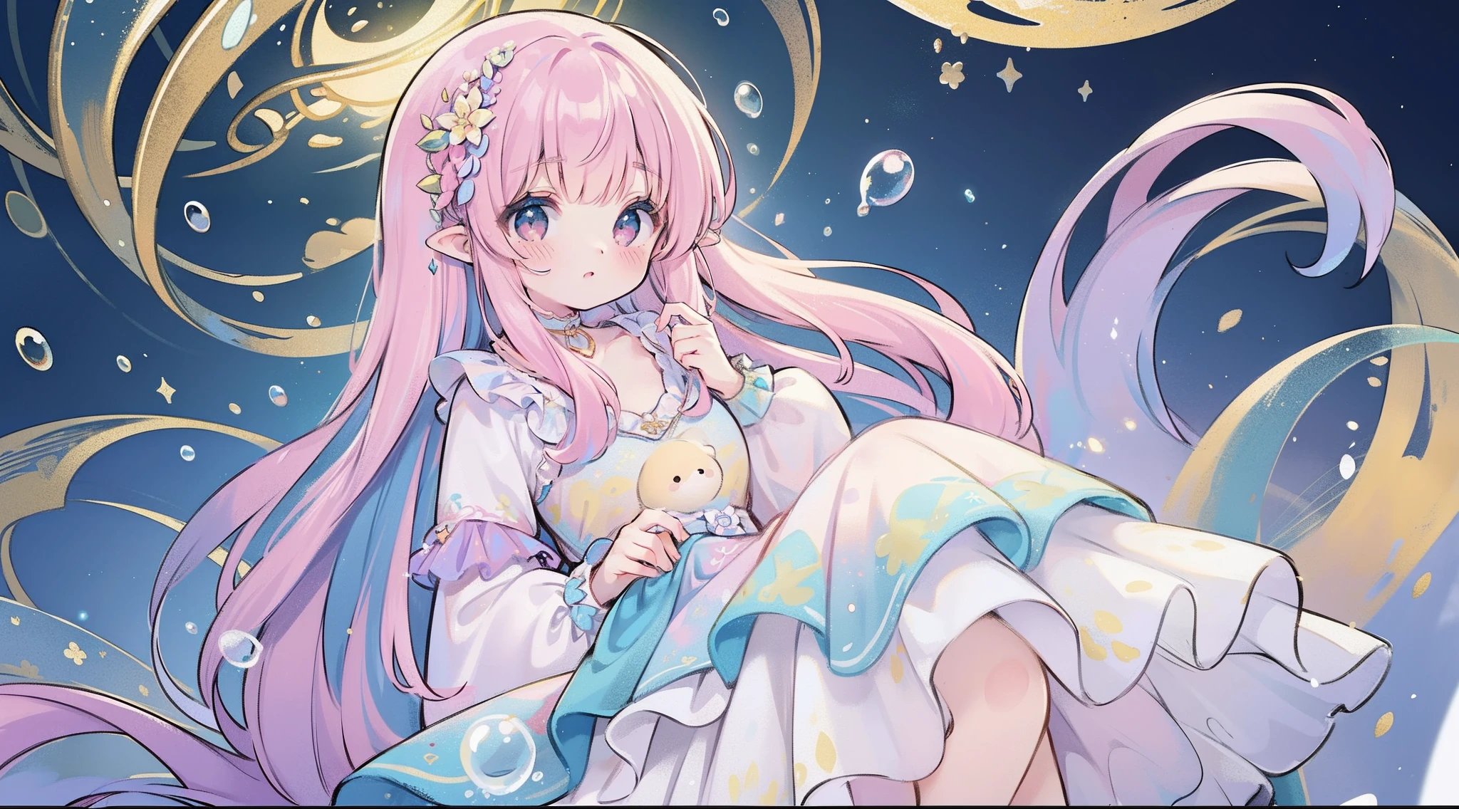 masterpiece, best quality, 8k resolution, sharp focus, intricate detail, beautiful girl, sparkling eyes, golden ratio face, otherworldly liquid, watercolor, pastel colors, bright colors, whimsical, colorful, sharp focus, high resolution, fine detail, ((layered tiered puffy long sleeves ballgown)), ((round eyes)), iridescent bubbles, fantasia background