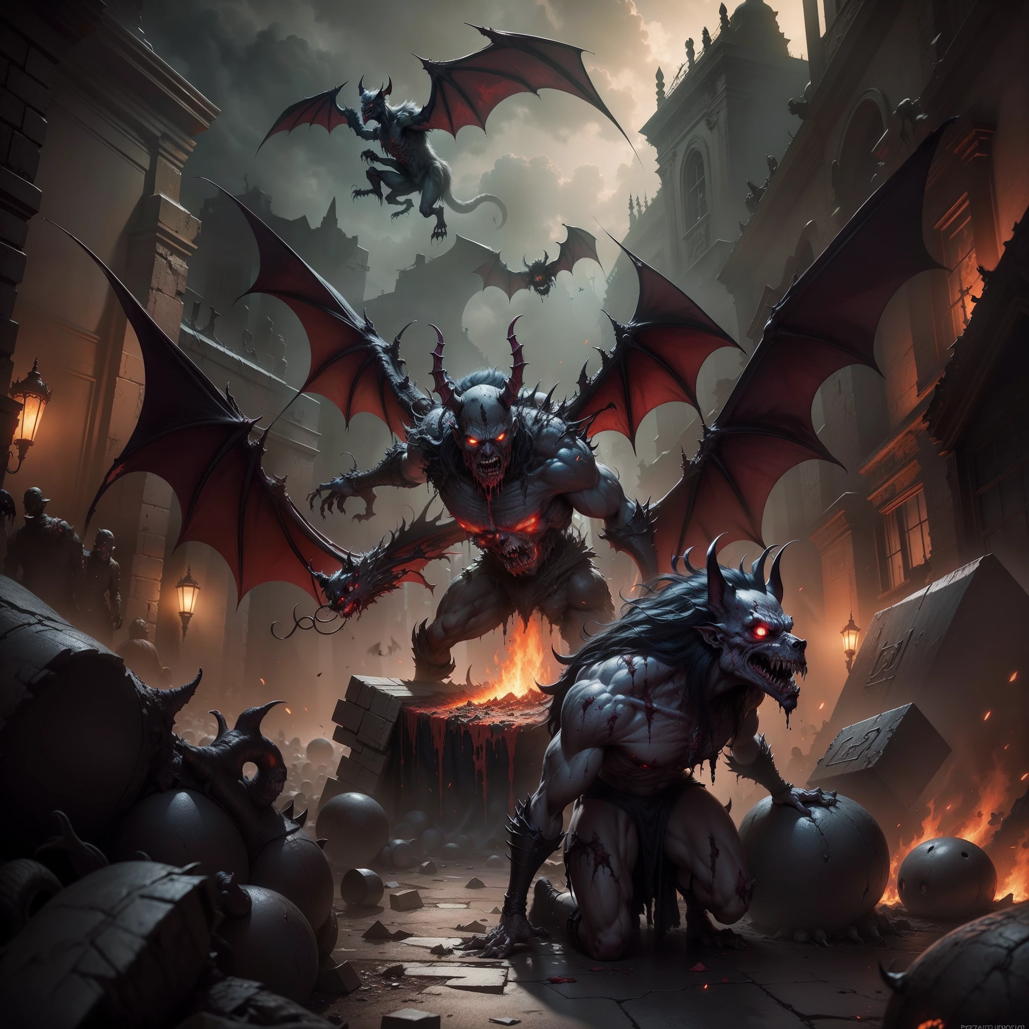 "Demonic bats attack rotting zombies in hell", "Pintura mate detallada, color profundo, fantastical, Detalles intrincados, splashscreen, colores complementarios, fantasy concept art, 8k resolution trending on Artstation Unreal Engine 5"