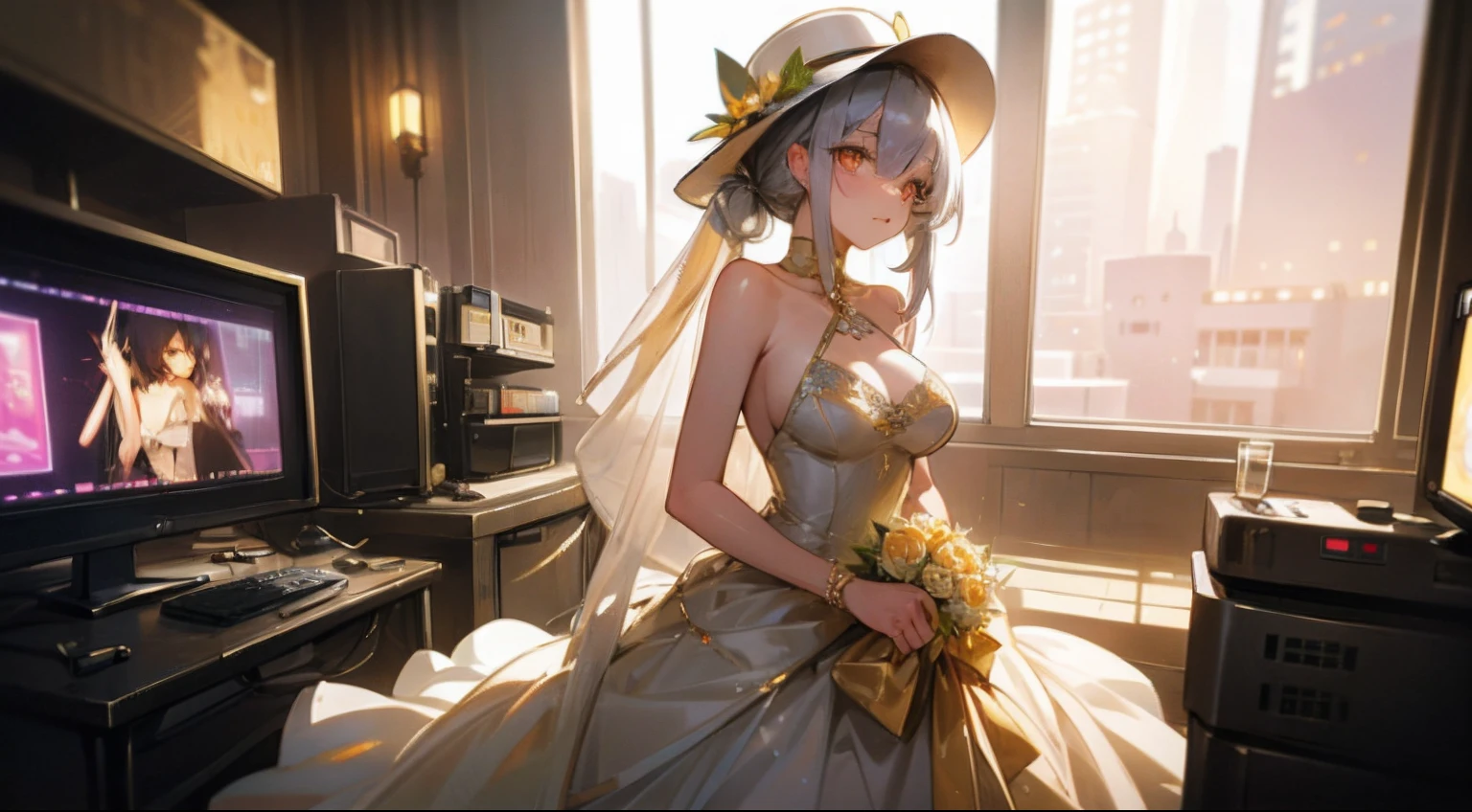 a straw fedora hat,((Gold Eyes))、wedding dress 、Large breasts、(Short Twin Tail Silver} 、Beautiful computer editing studio best lighting, Cyberpunk type background