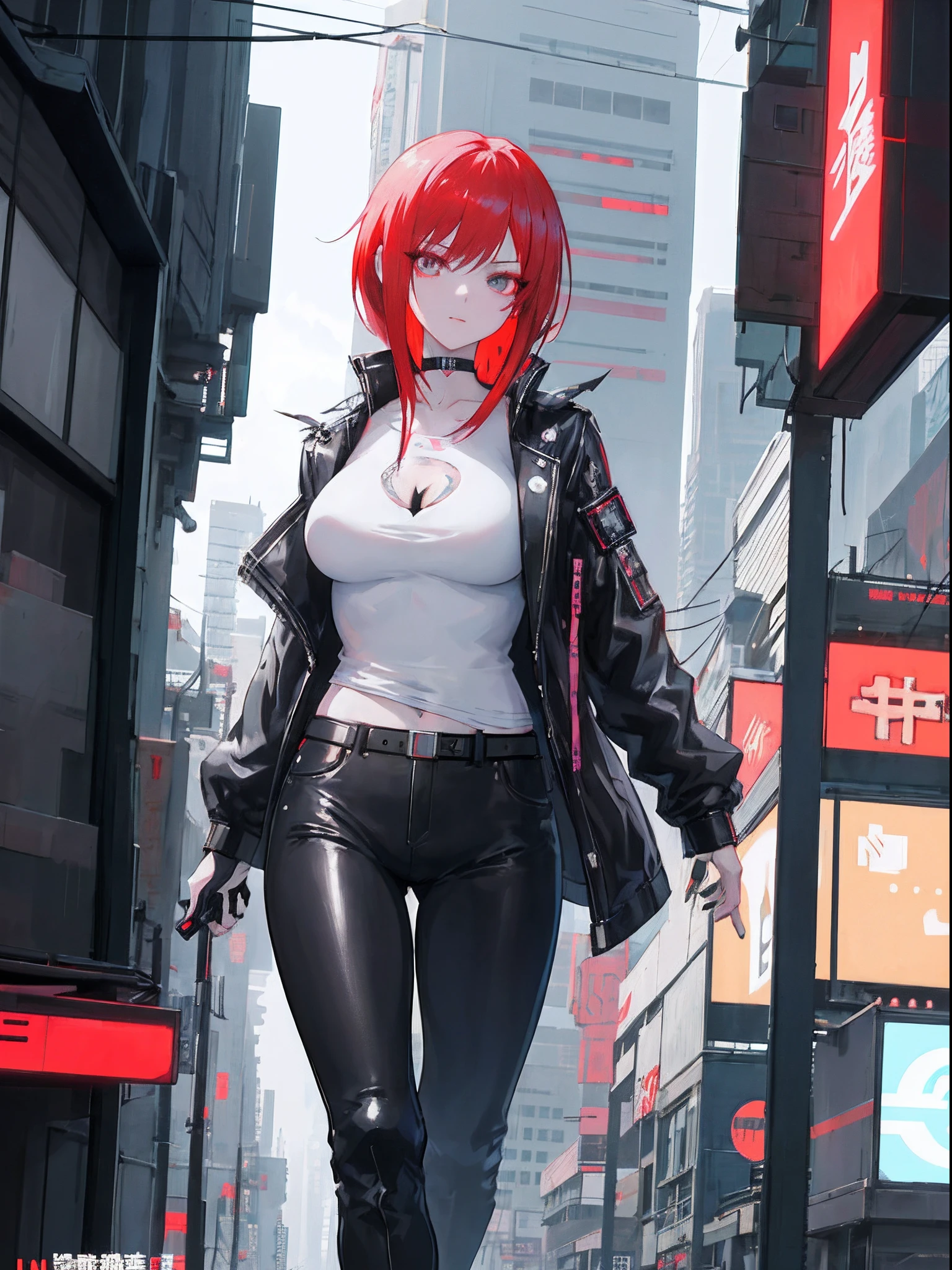 anime girl in black pants and a white shirt, female cyberpunk anime girl, trending on cgstation, cyberpunk anime girl, artwork in the style of guweiz, redhead female cyberpunk, digital cyberpunk anime art, dreamy cyberpunk girl, hyper-realistic cyberpunk style, in cyberpunk city, cyberpunk 2 0 y. o model girl, [ 4 k digital art ]!!