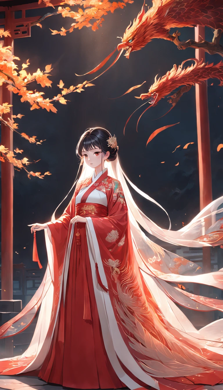 Stunning Chinese Hanfu wedding cape,Embroidered with crystal translucent phoenix. The phoenix shines like a diamond. The phoenix comes to life,Dragging a 2-meter skirt. It's beautiful, Noble, Red, magic, Octane rendering, Surreal, Light background