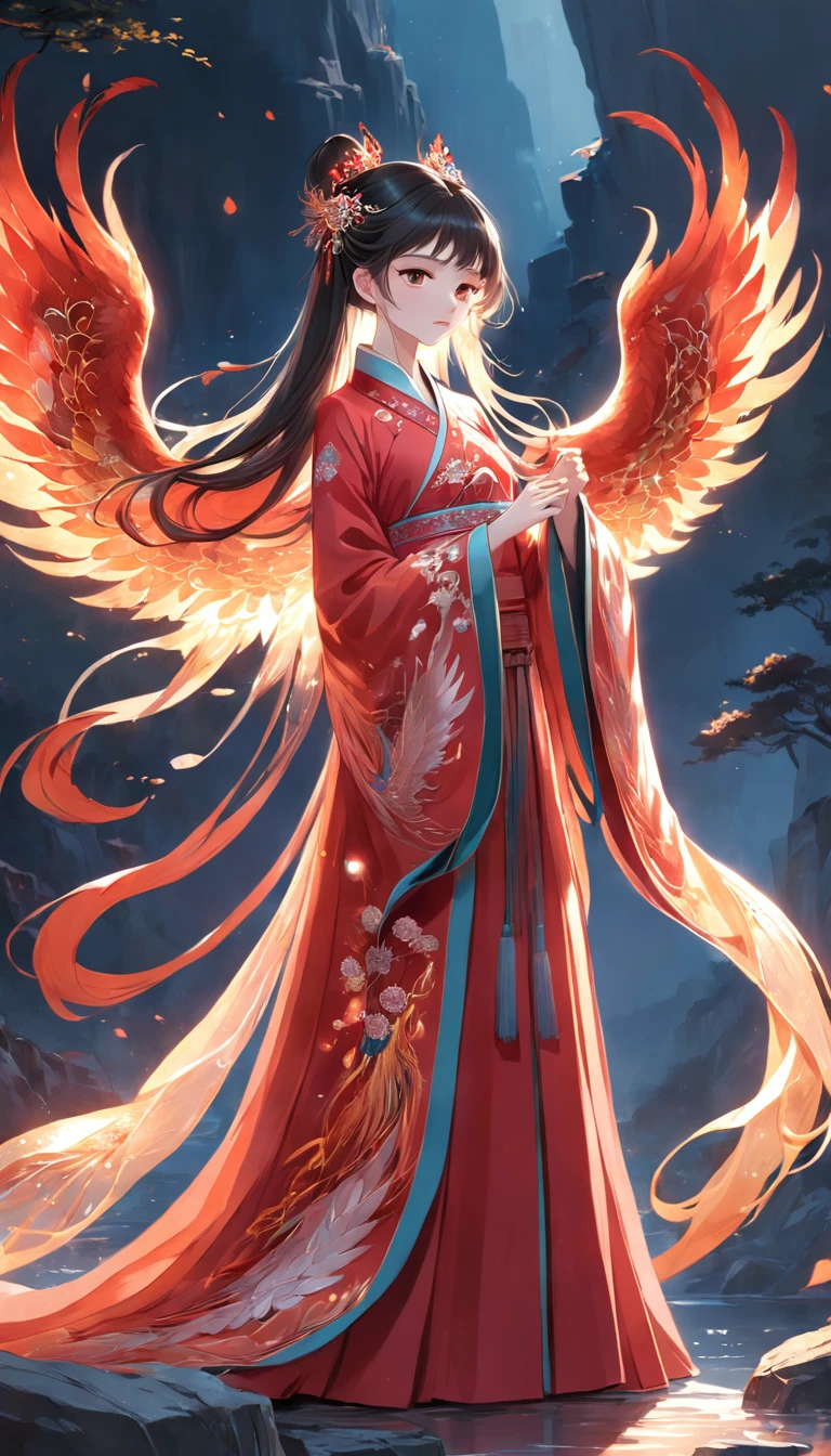 Stunning Chinese Hanfu wedding cape,Embroidered with crystal translucent phoenix. The phoenix shines like a diamond. The phoenix comes to life,Dragging a 2-meter skirt. It's beautiful, Noble, Red, magic, Octane rendering, Surreal, Light background